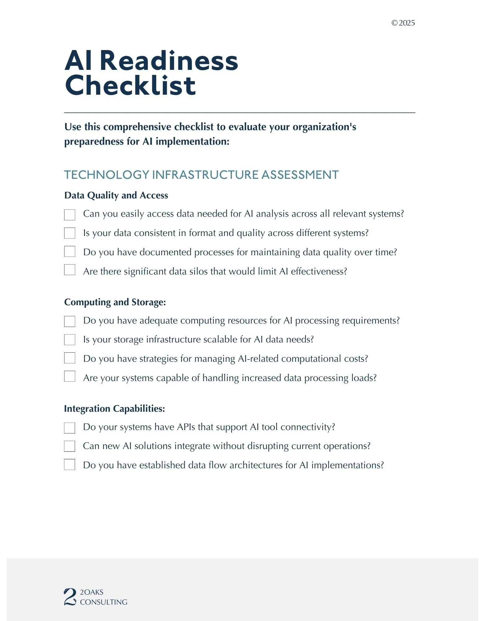 Page 1 of the AI Readiness Checklist: Evaluating Technology Infrastructure, Data Architecture, and Compute Capabilities.