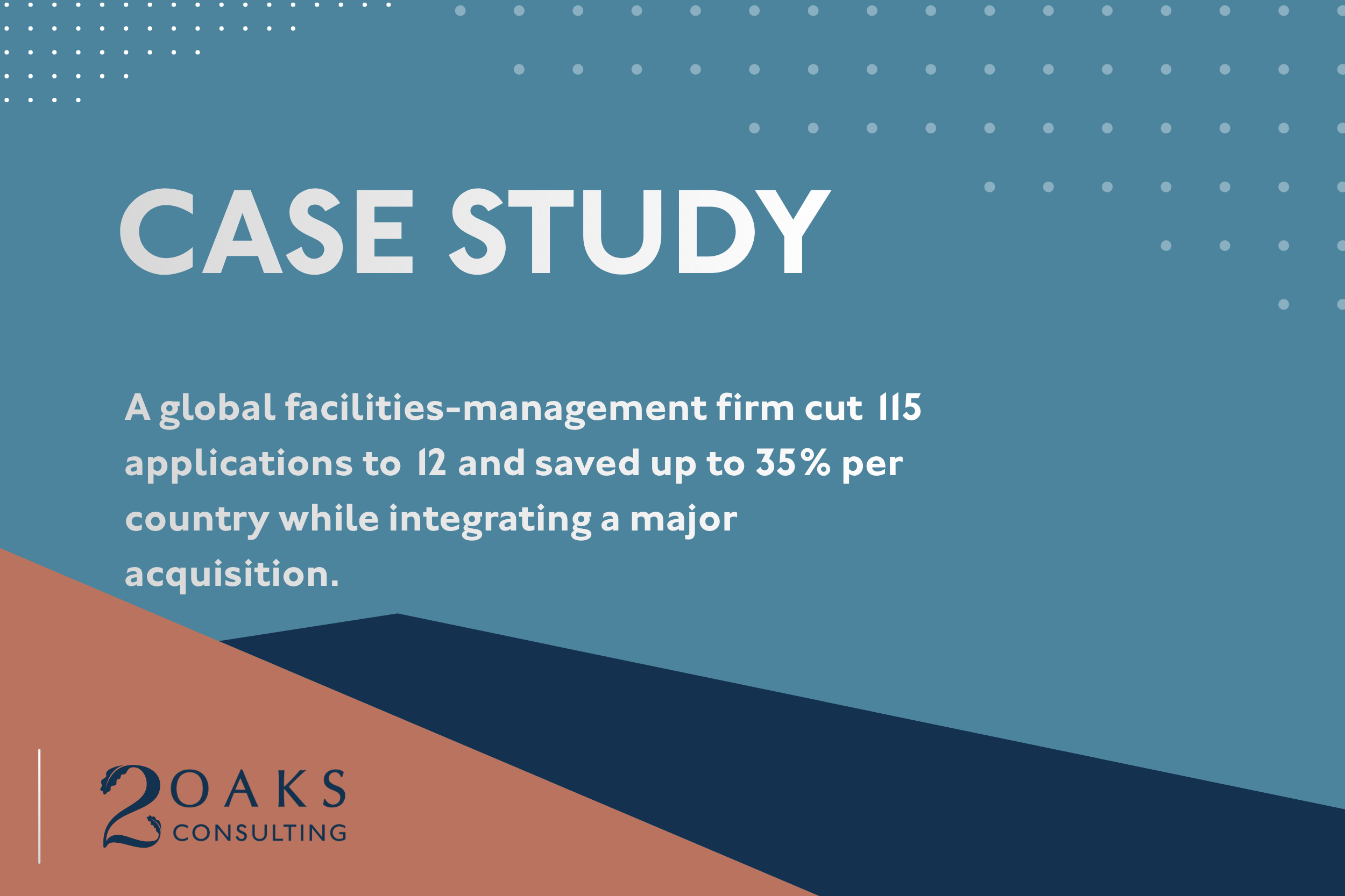 2Oaks case study cover: facilities-management client cut 115 apps to 12, saving up to 35% per country during an acquisition.
