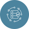 Icon representing data security: A server stack protected by a shield checkmark, surrounded by rotating arrows indicating continuous compliance monitoring.