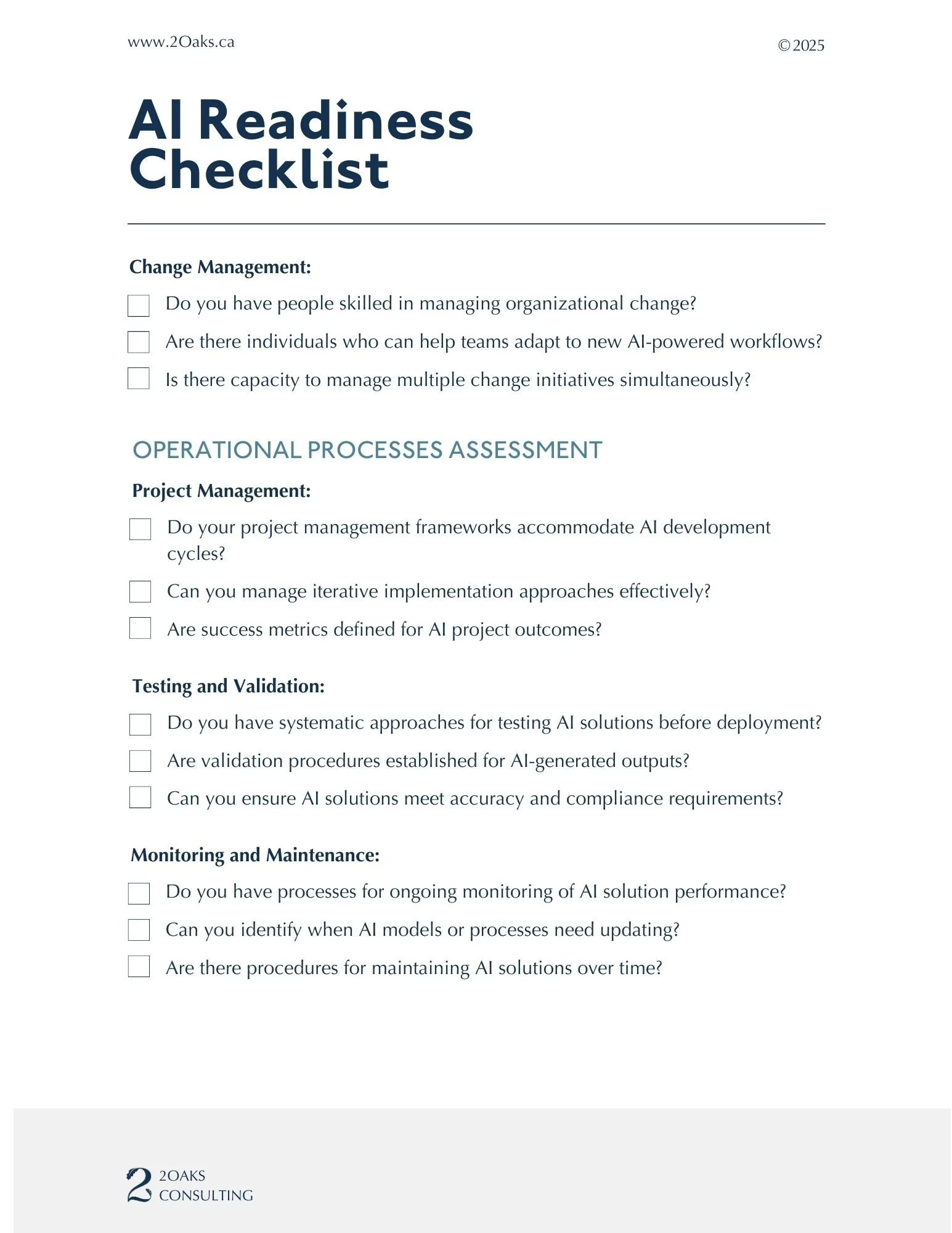 Page 3 of the AI Readiness Checklist: Reviewing Human Capabilities, Staff Training, and Operational Process agility.