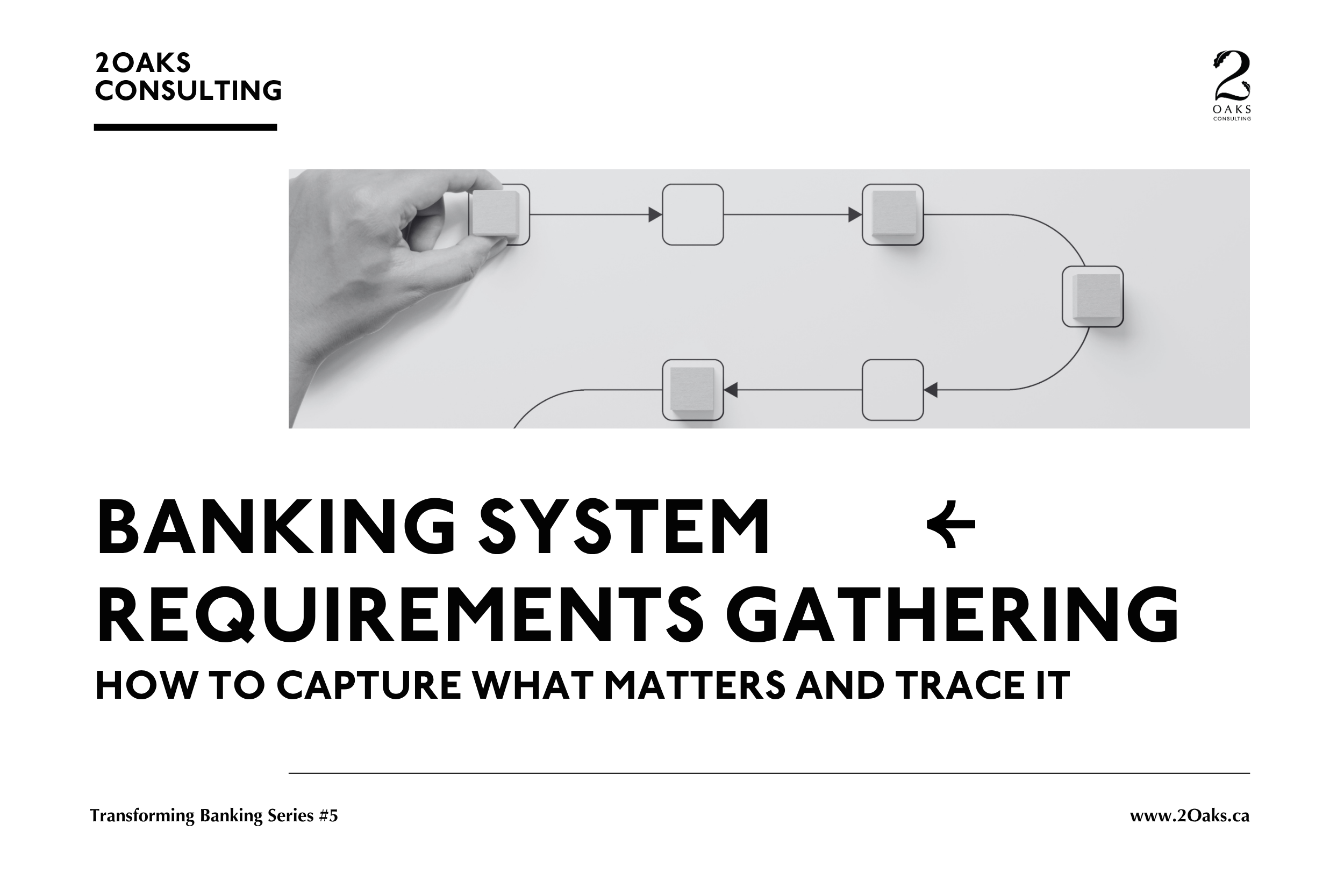 Hand placing a block into a connected workflow, representing how banking system requirements fit into a traceable process.