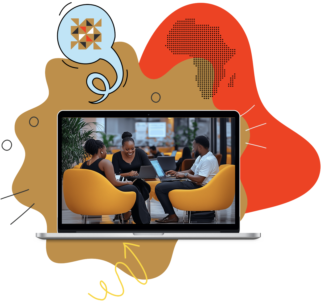 People sitting around a table with laptops in a modern office, smiling and working together.