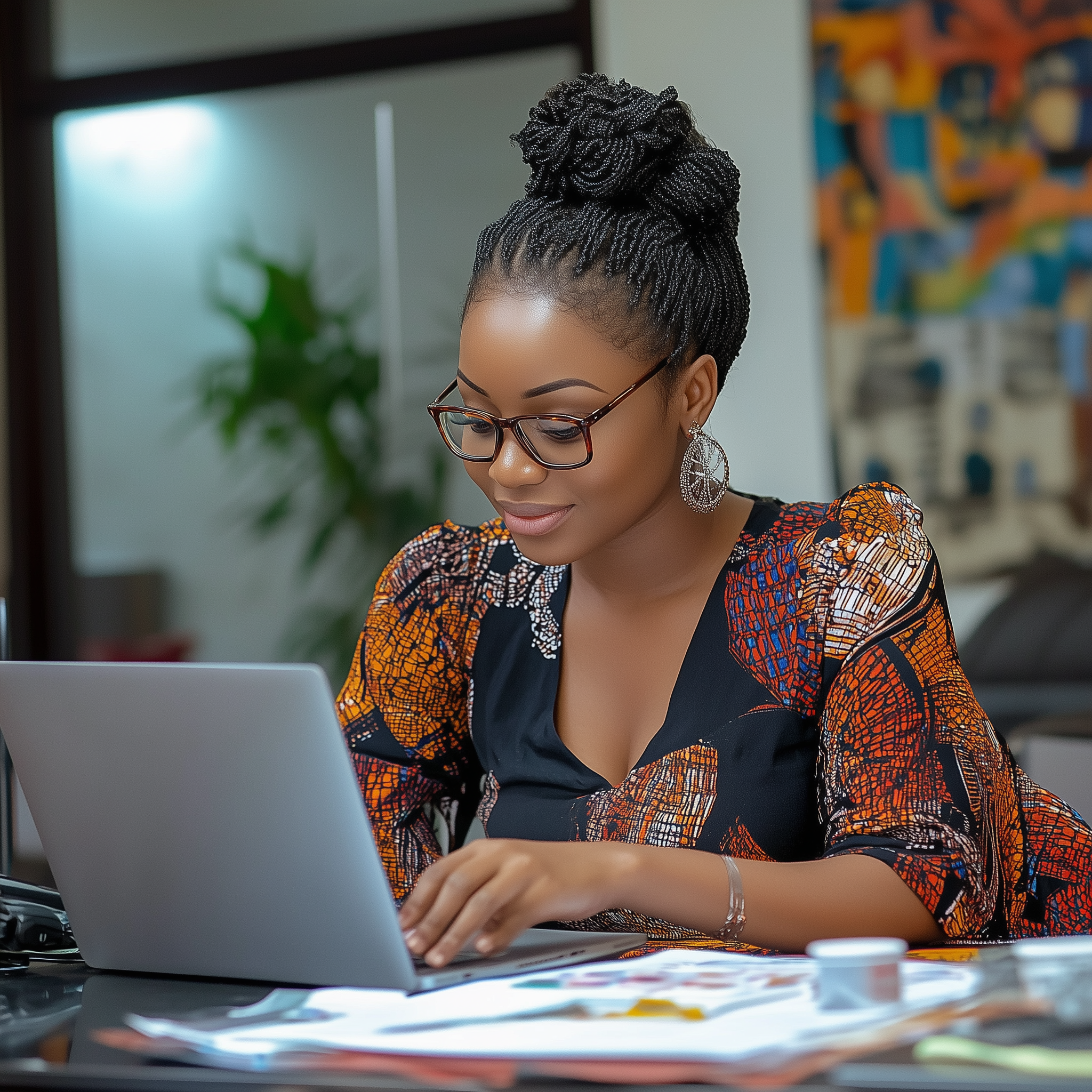 A woman with glasses and braided hair styled in a bun works at a laptop in a modern office space, wearing a colorful patterned blouse.