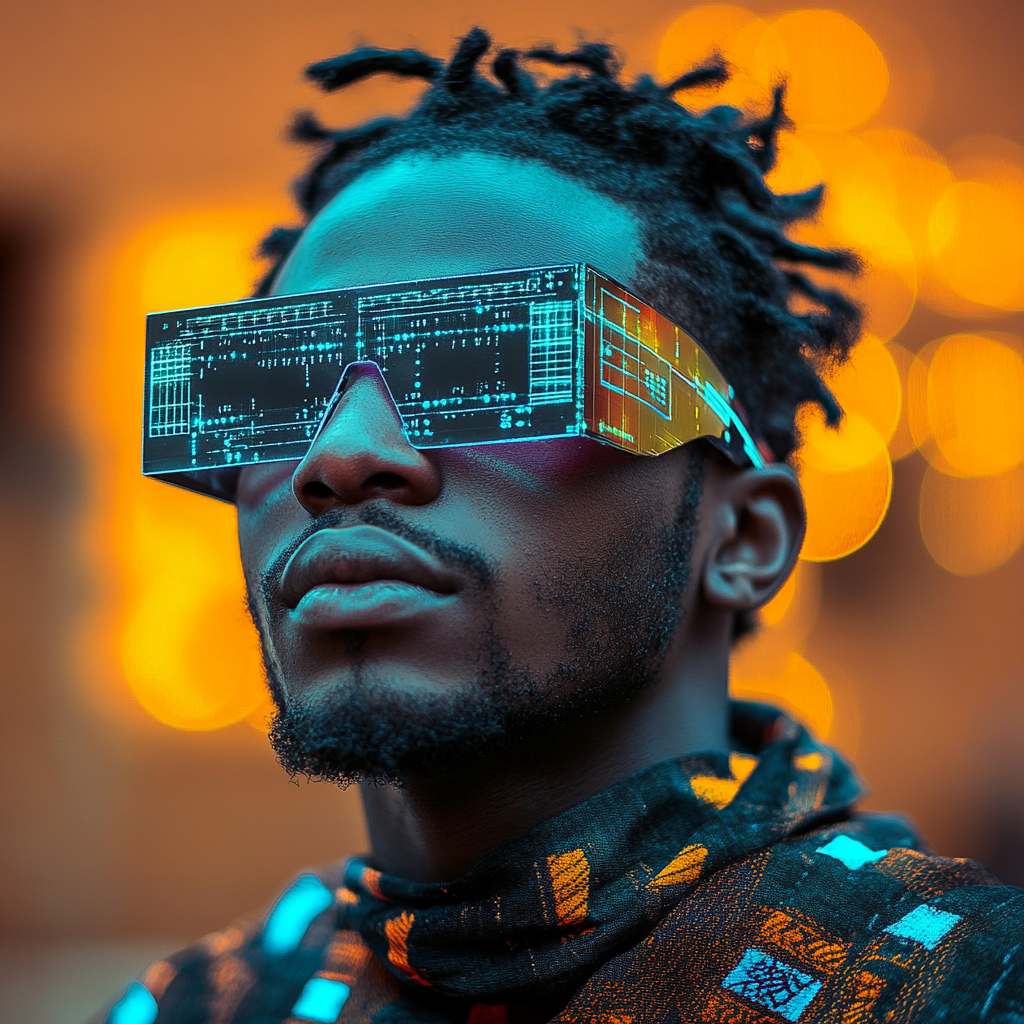 A person with dreadlocks wearing futuristic augmented reality glasses that display blue digital data, with warm orange bokeh lights in the background.