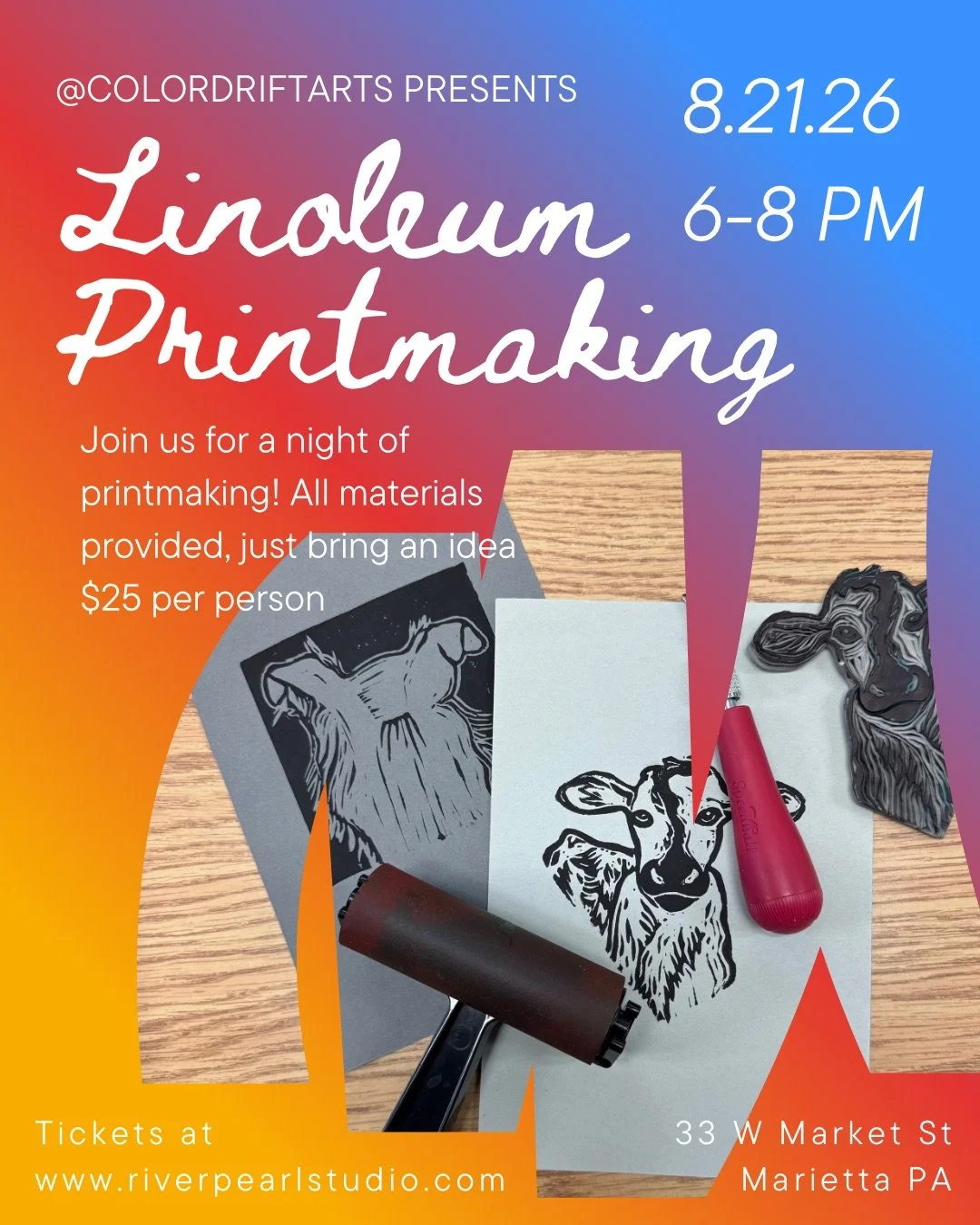 Linoleum Printmaking 8/21 - Ticket Required