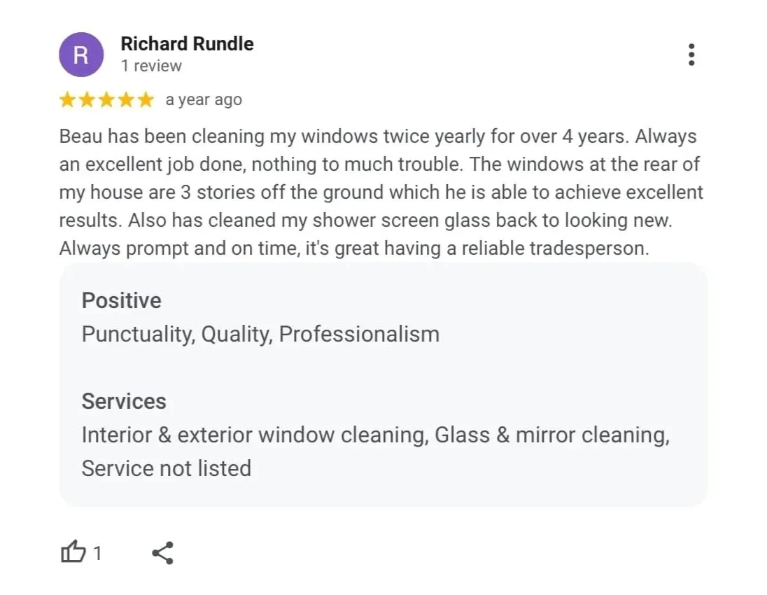 Customer review for window cleaning service, five-star rating, positive comments about reliability, punctuality, and quality, mentioning interior and exterior window cleaning, glass and mirror cleaning.