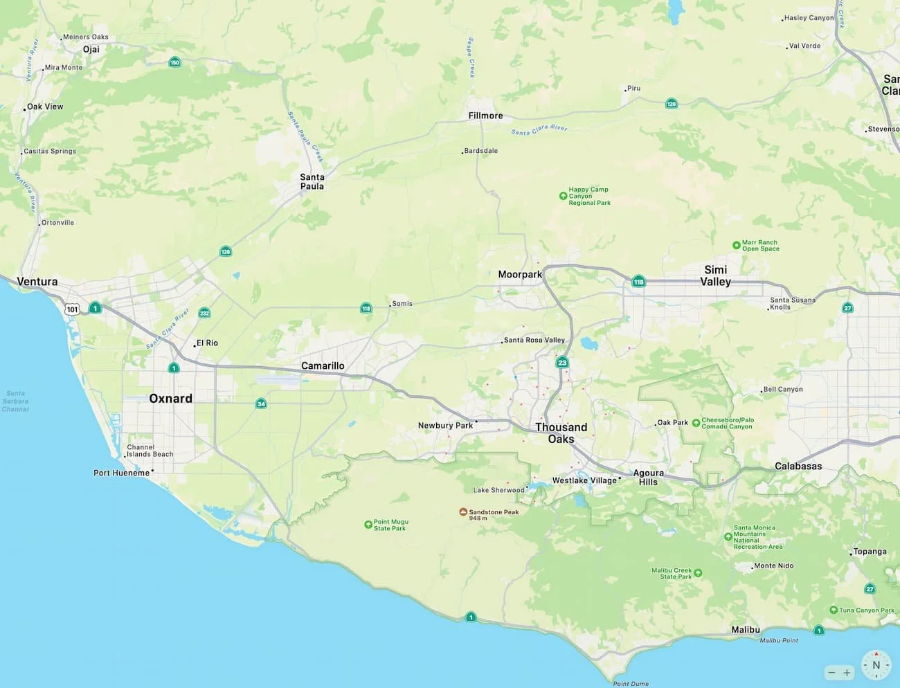 Map of the Santa Barbara area in California, showing cities, highways, and parks, with the coastline along the Pacific Ocean to the southwest.