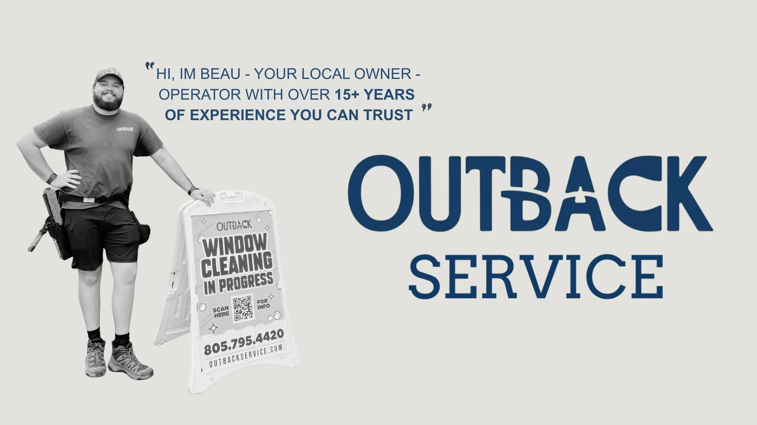 Advertisement for Outback Window Cleaning Service featuring a smiling man in casual work attire with tools, standing next to a sign that says 'Window Cleaning in Progress' with a QR code, phone number, and website.