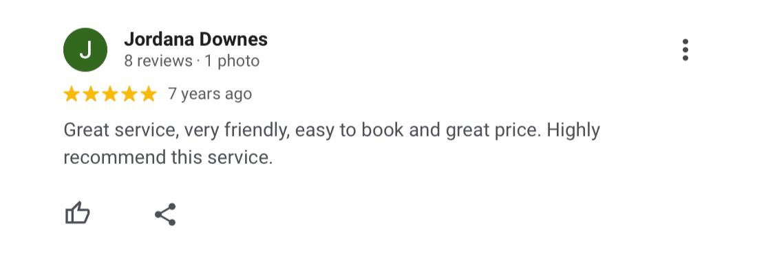 Customer review from Jordana Downes praising the service as friendly, easy to book, and affordable.