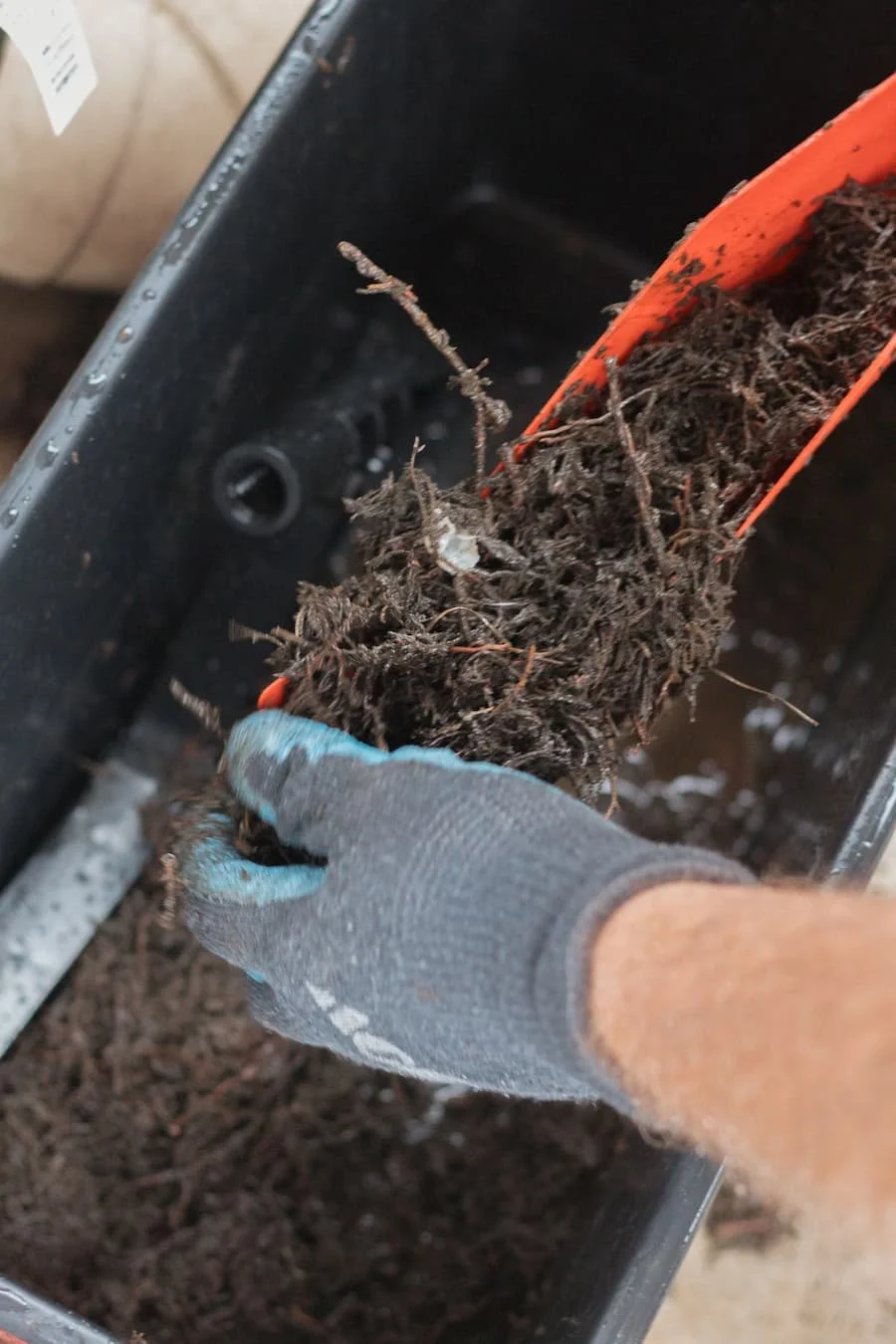 A person wearing a gray gardening glove holds a clump of soil, roots, and a small root weed, with gardening tools and soil in the background.