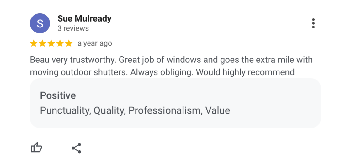 Online review from Sue Mulready praising a window service and mentioning outdoor shutters.