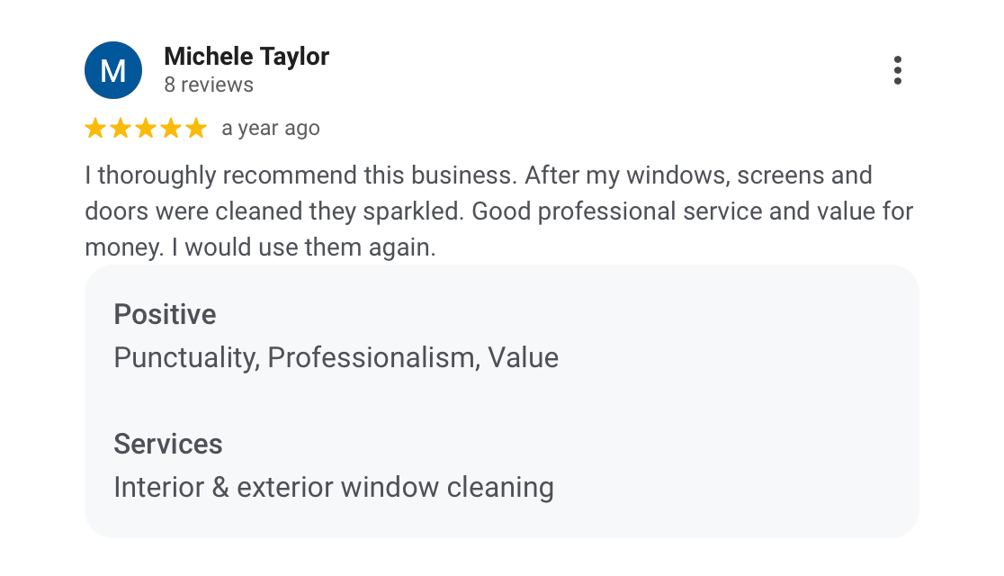 A screenshot of a Google review for a window cleaning service by Michele Taylor, who gave five stars and praised the professional service, punctuality, and value, specifically mentioning interior and exterior window cleaning.