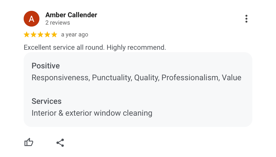 Google review for Amber Callender, business offering interior and exterior window cleaning services, with a 5-star rating and positive comments about responsiveness, punctuality, quality, professionalism, and value.