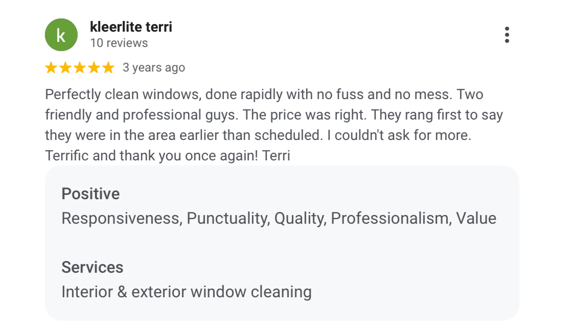 Customer review for a window cleaning service, praising the professional team, quality work, and punctuality.