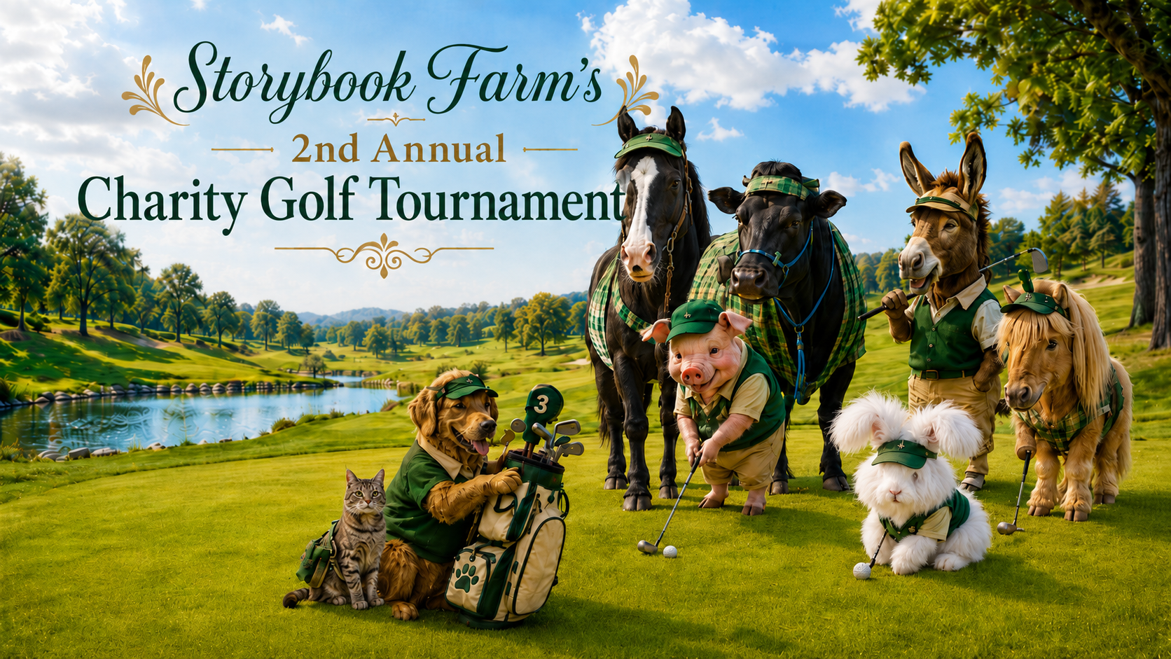 Illustration of animals dressed in golf attire on a golf course with a lake and trees in the background, promoting the 2nd Annual Charity Golf Tournament for Storybook Farm.