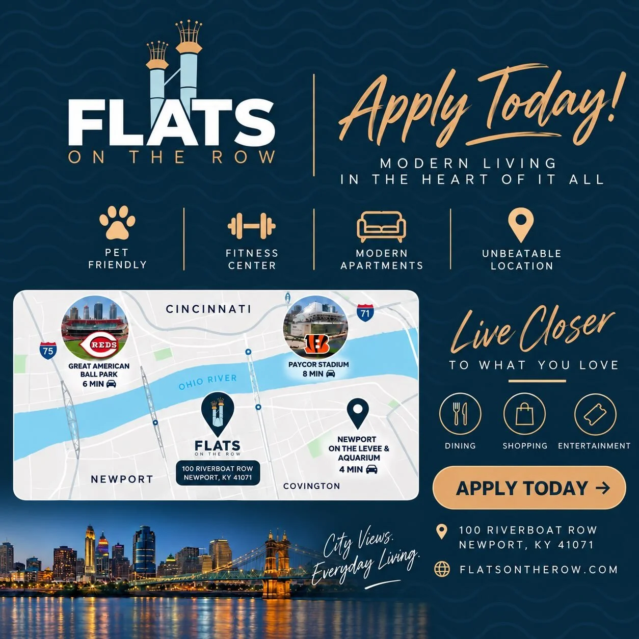 ✨ Live closer to everything you love at Flats on the Row! ✨

Enjoy modern living in the heart of Newport, just moments from Great American Ball Park, Paycor Stadium, Newport on the Levee, the Newport Aquarium, dining, shopping, and entertainment. #Ne