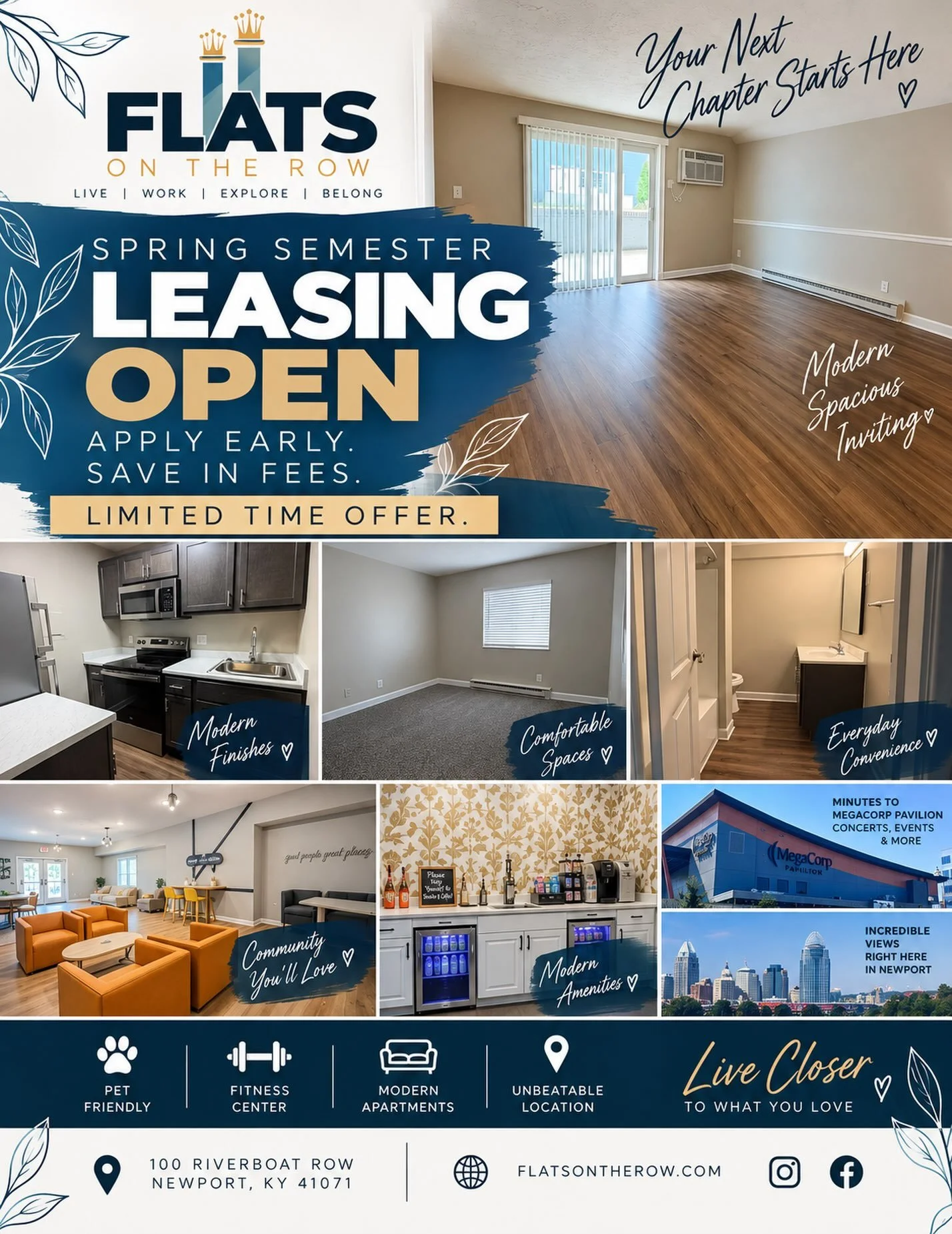 🌸📚 Spring Semester Leasing is NOW OPEN at Flats on the Row! 🏡✨

Start your next semester with a new home in the heart of Newport! Apply early and SAVE ON FEES with our limited-time leasing special. 💙#StudentLiving #NKYApartments #uccincinnati #of