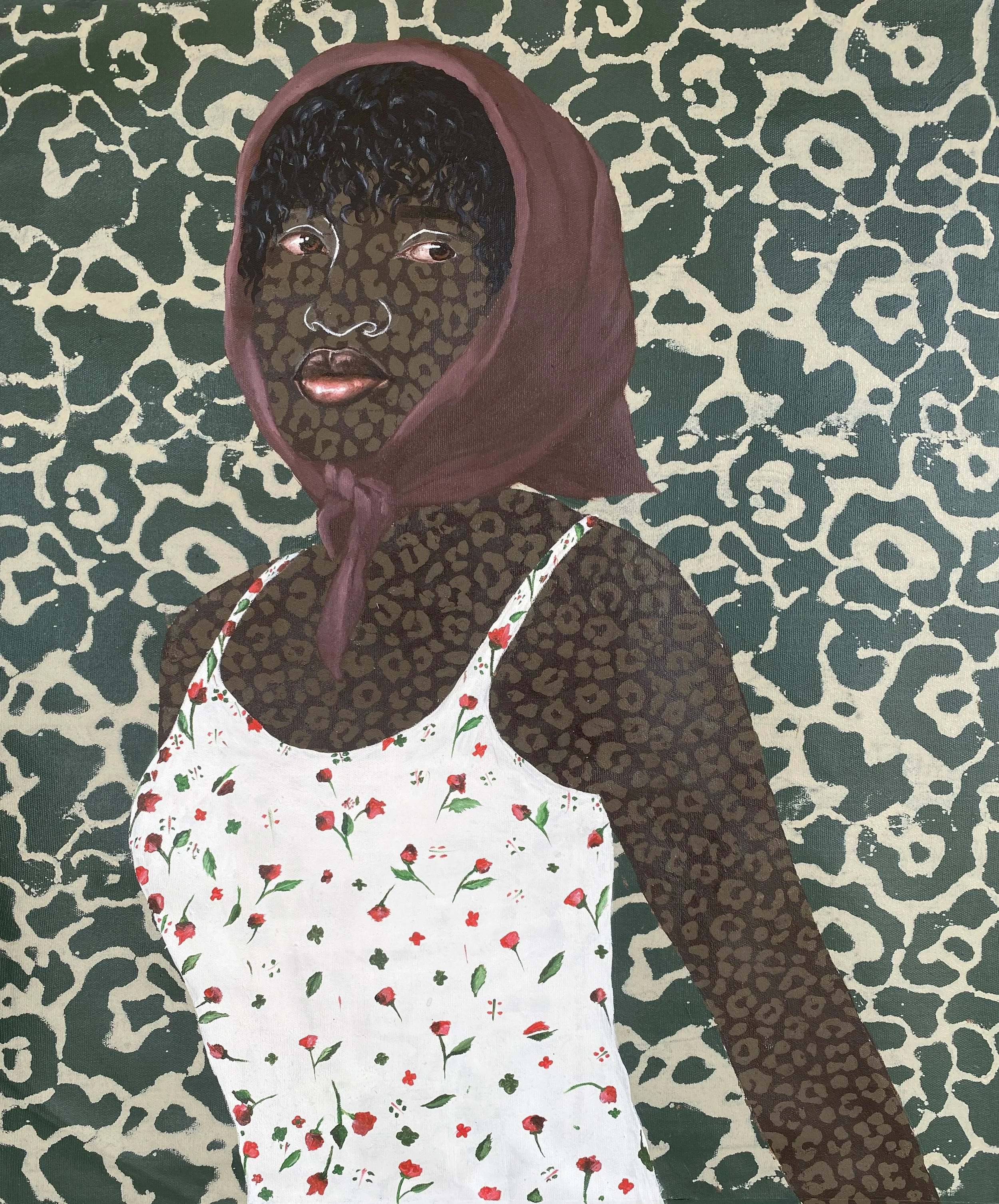 Painting of a woman with dark curly hair wearing a red headscarf and a white dress with red and green floral pattern, against a green and beige spotted background.