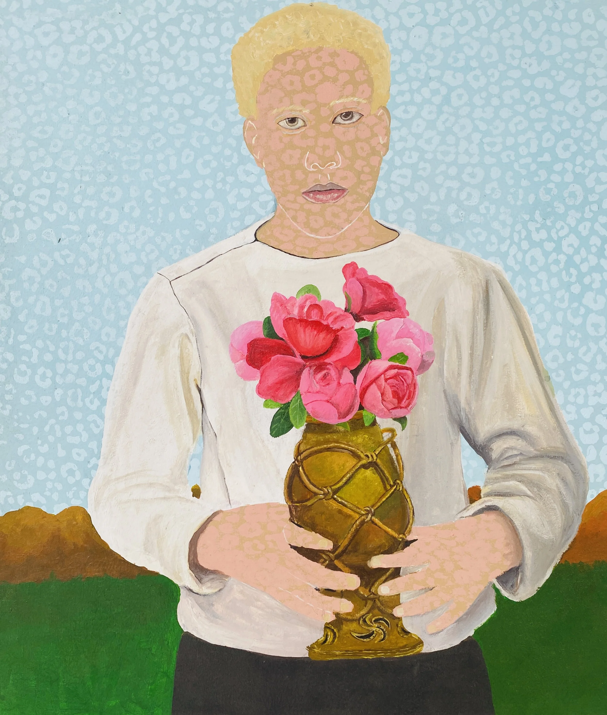 Painting of a woman with blond hair holding a large bouquet of pink and red flowers in a gold vase.