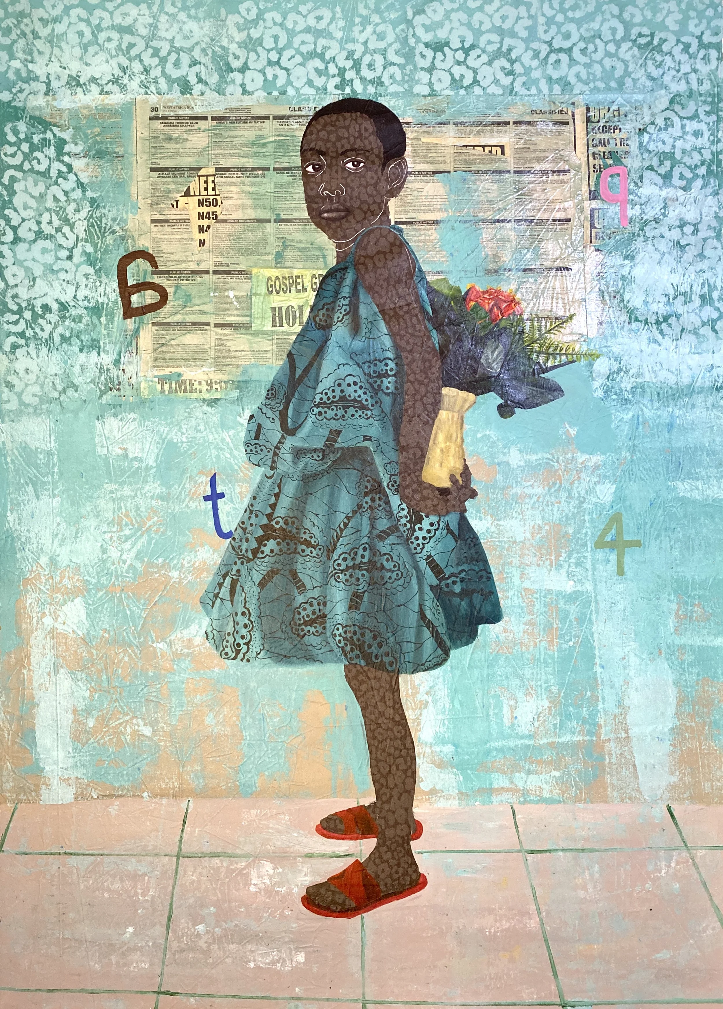 A mural of a girl with dark skin, short hair, and large expressive eyes, wearing a blue patterned dress and red sandals, standing in front of a wall covered with newspapers, with colorful letters and symbols around her.