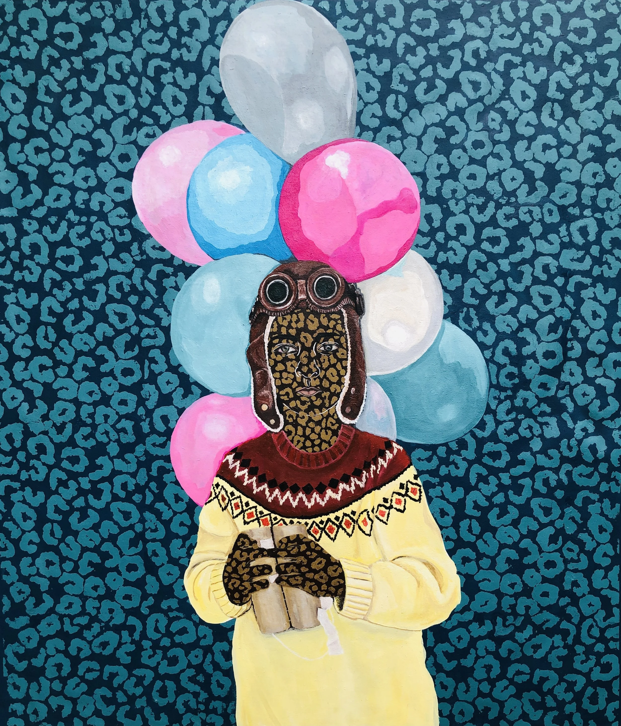 A person with a leopard face mask holding a painting palette, surrounded by colorful balloons, against a blue animal print background.