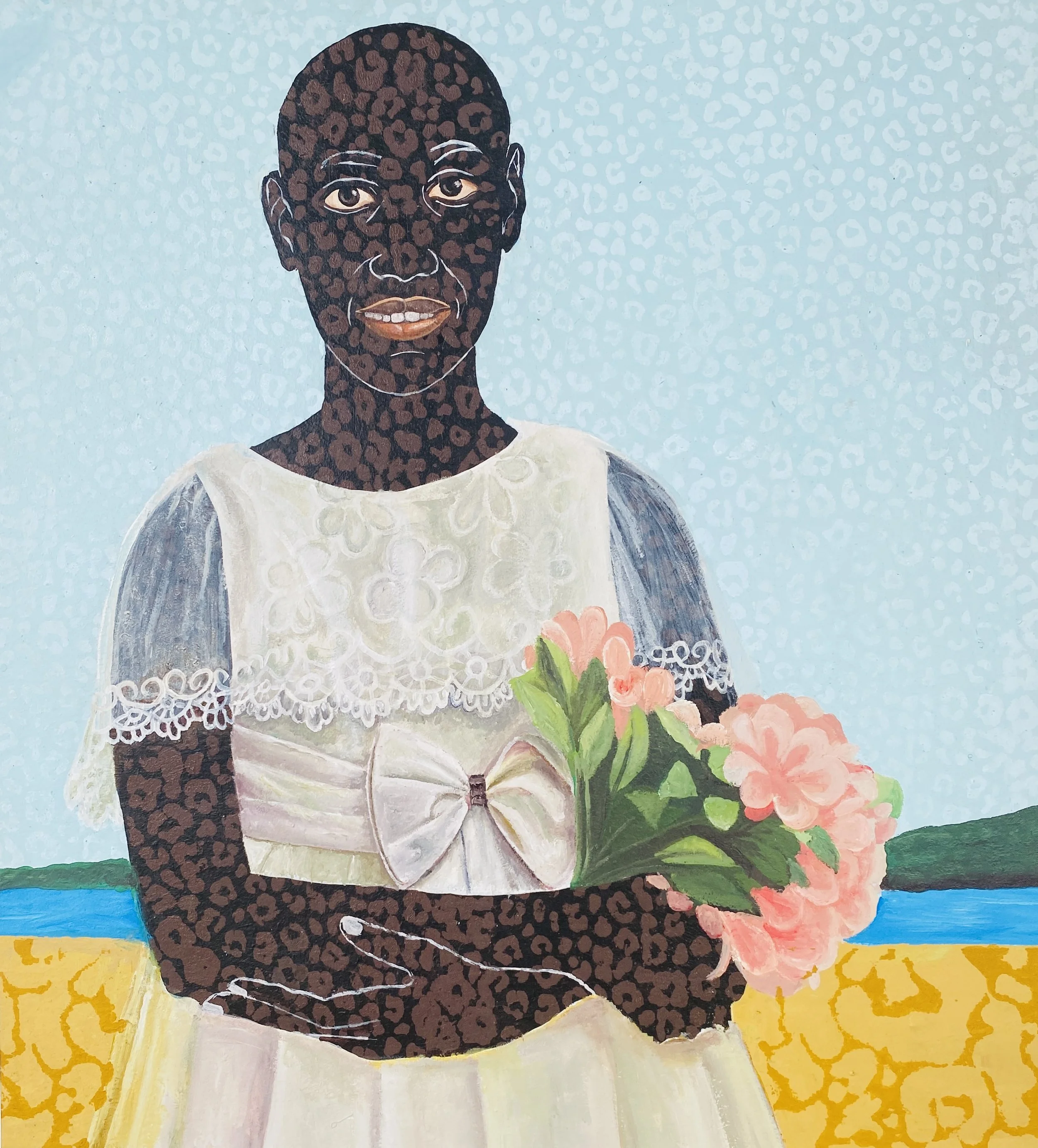 Portrait of a woman with a dark leopard print face, wearing a cream-colored dress with floral embroidery, holding a bouquet of pink flowers against a multicolored background.