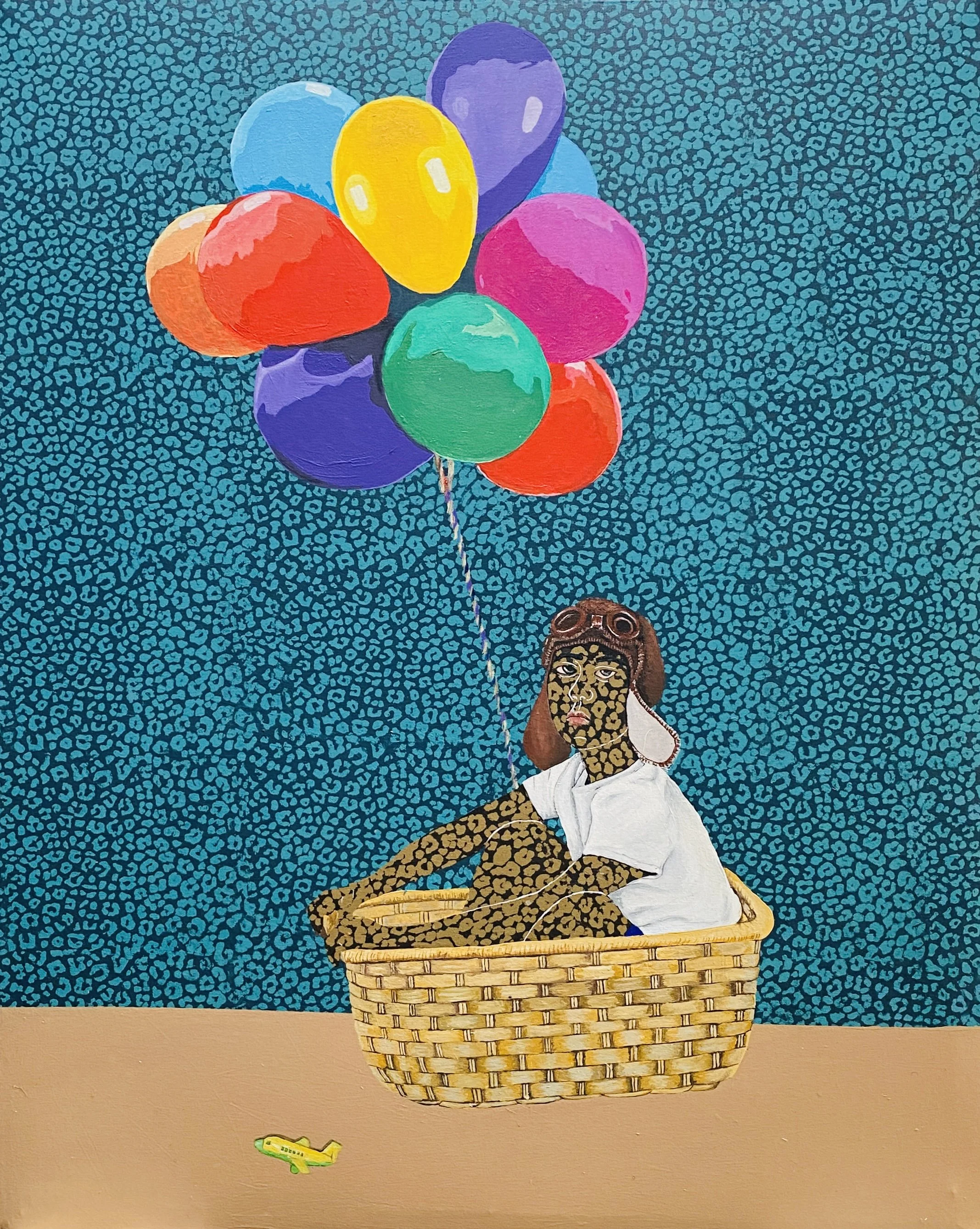 A painting of a woman sitting in a woven basket, holding colorful balloons against a blue patterned background. There is also a small yellow object on the ground in front of her.
