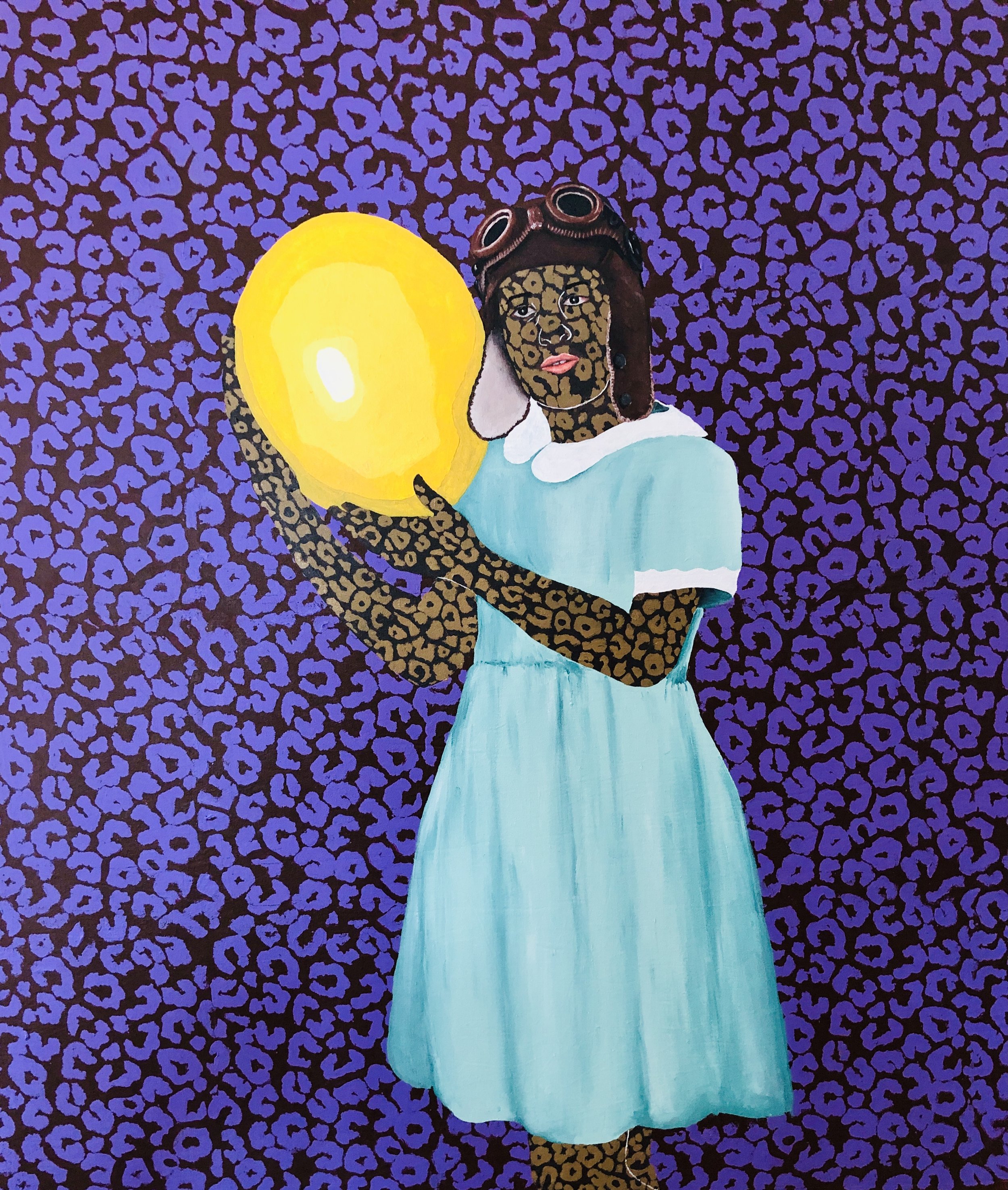 A colorful illustration of a woman with leopard-print skin, wearing glasses, headphones, and a light blue dress, holding a yellow light bulb against a purple leopard print background.