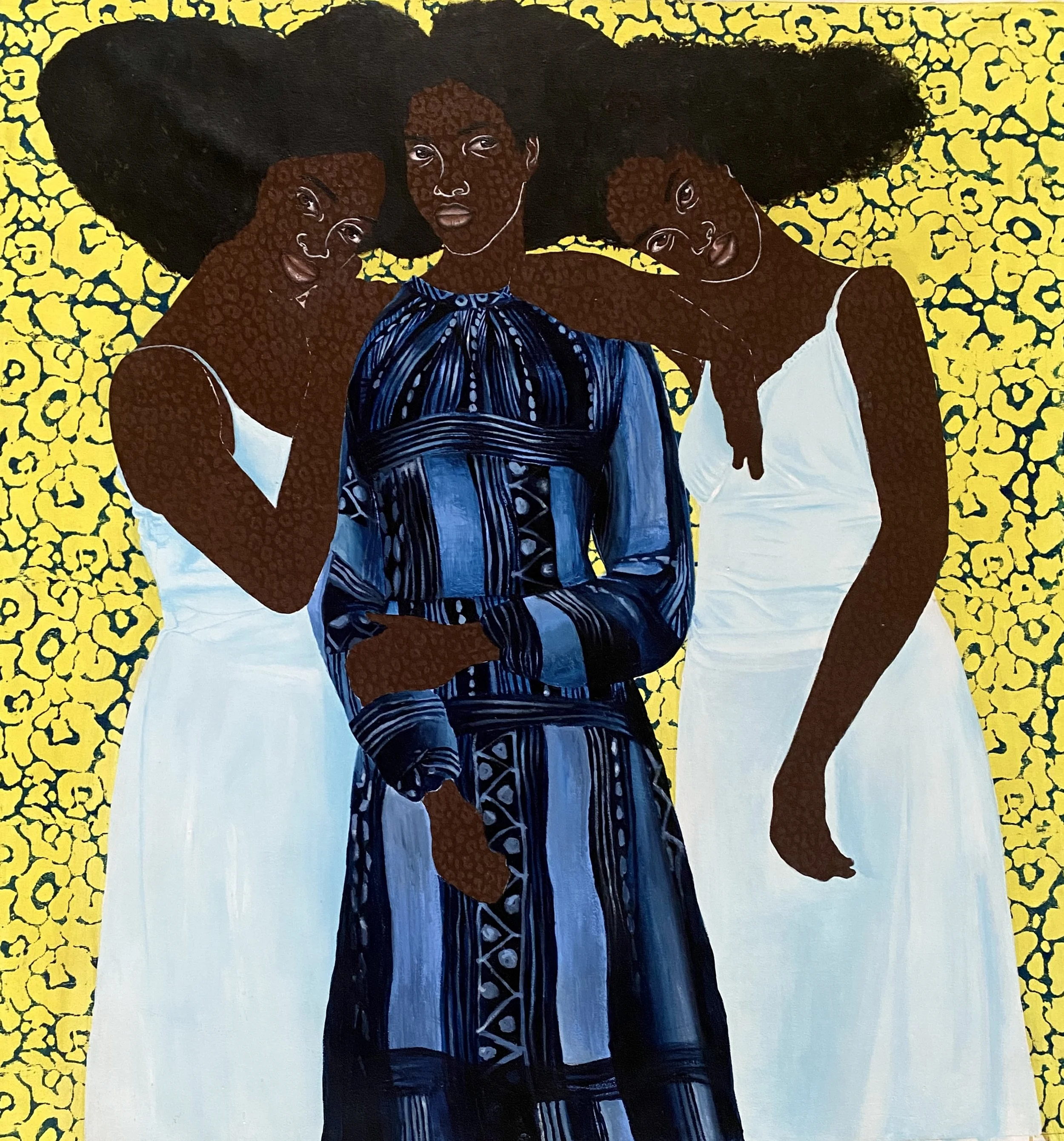 An artwork depicting three women with large natural hair hairstyles, dark skin, and white clothing against a yellow patterned background.