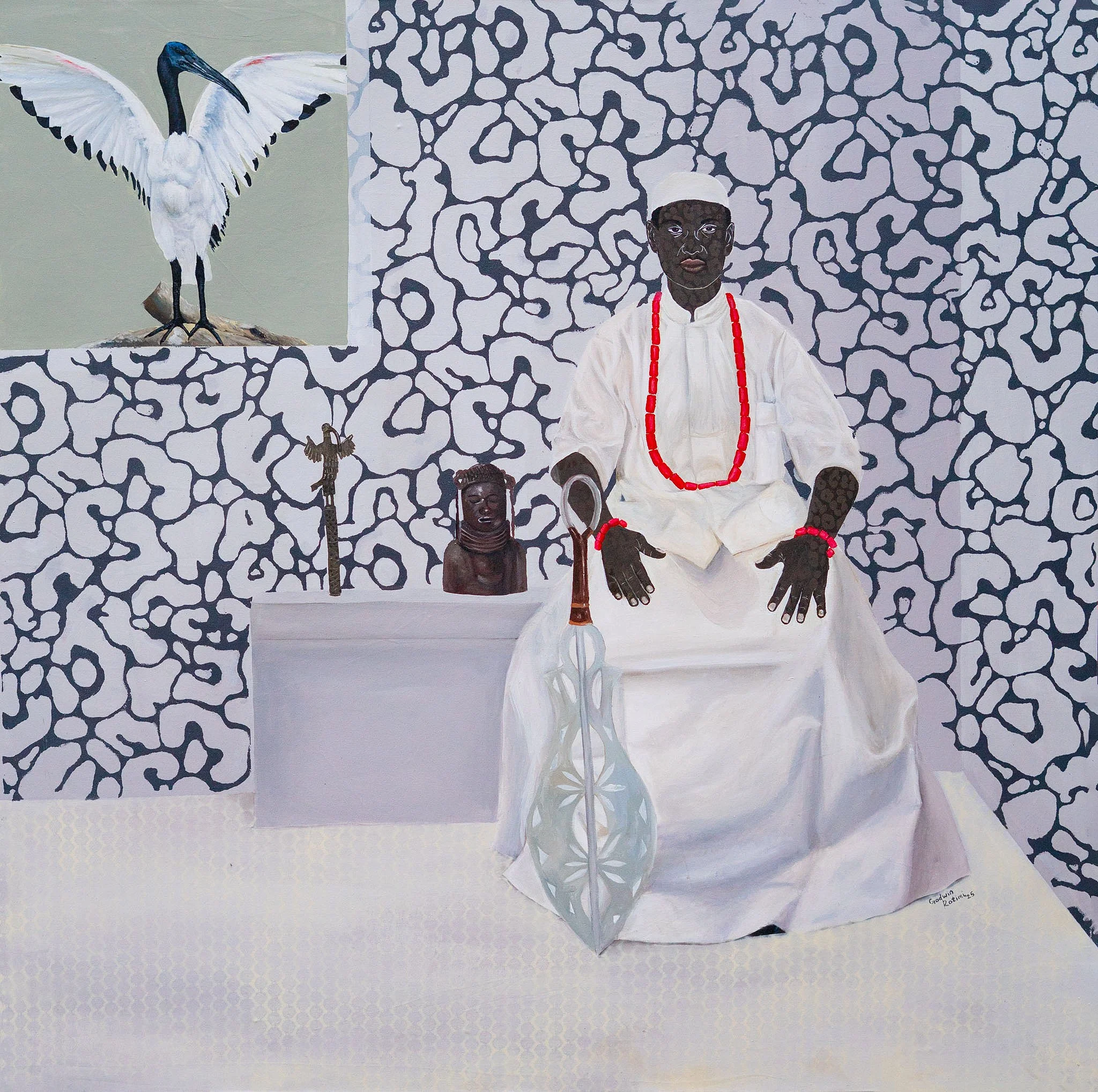 A painting of a woman with dark skin, wearing a white headscarf and white clothing, with red beads around her neck and wrist, sitting on a decorated surface with black and white patterned background. A large white bird with black markings, possibly a stork or heron, stands on a rock on the left side of the image. There are small decorative items, possibly figurines, near the woman, and a signature at the bottom right corner of the painting.