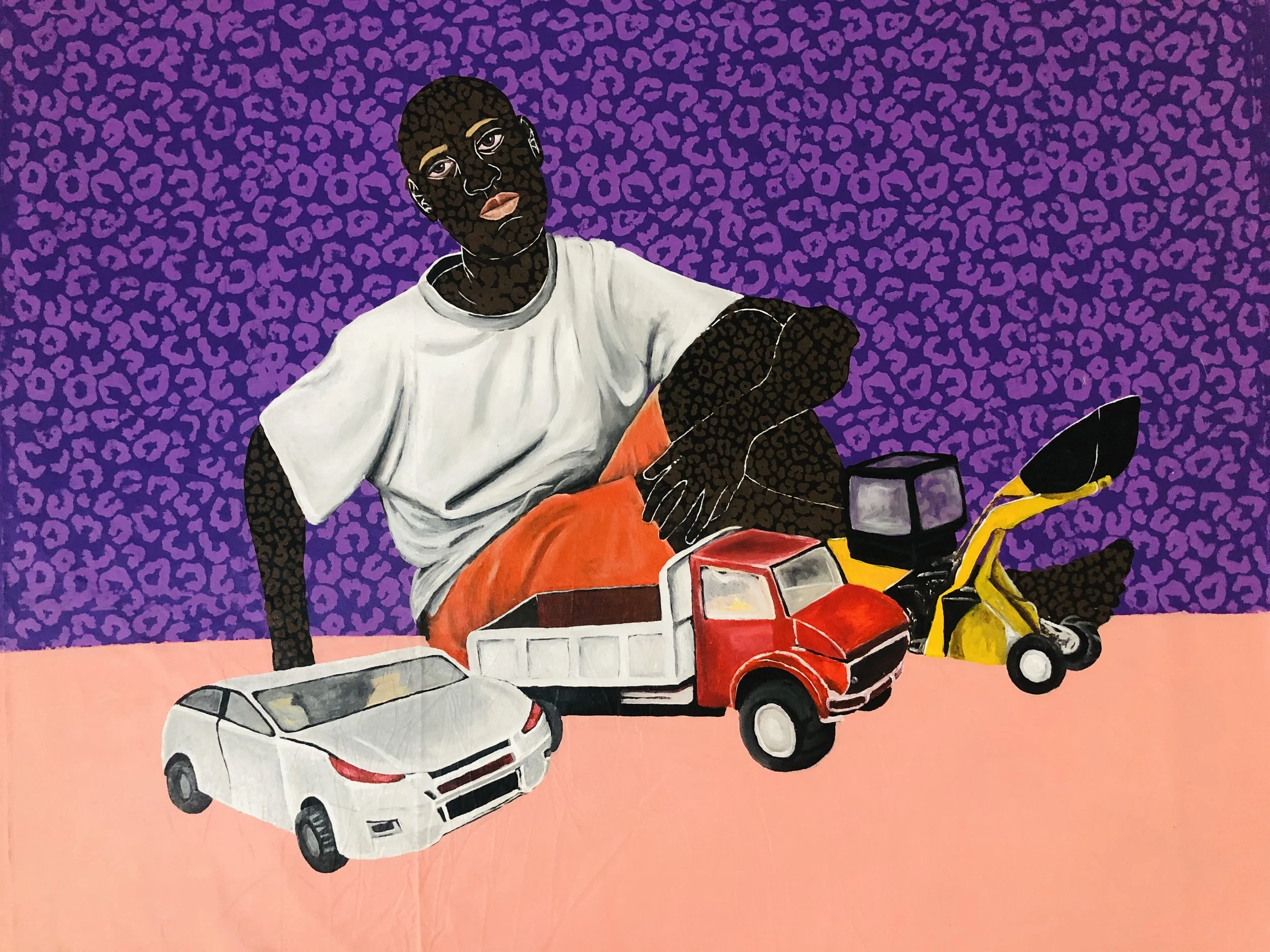 Digital illustration of a person with dark skin and leopard print face, wearing a white t-shirt, against a purple leopard print background. The illustration includes a red toy truck, a white toy car, and a yellow toy vehicle.