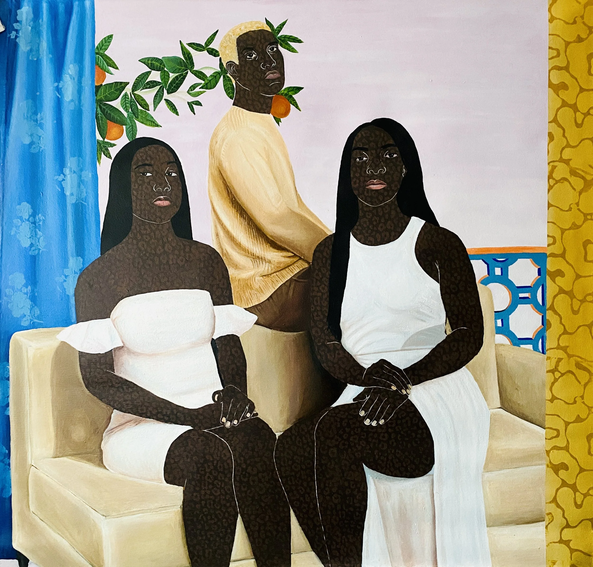 A mural illustration of three Black women with curly hair, sitting and lying on a white couch in a room with blue, yellow, and white walls with blue and yellow patterned accents, and a plant with green leaves.