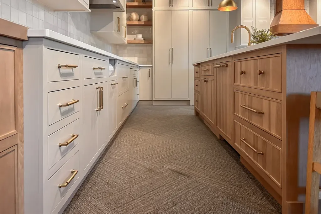 Cabinet hardware placement diagram showing upper, lower, and tall cabinet doors, centered drawer pulls, wide drawers with two pulls, and Shaker and modern cabinet styles