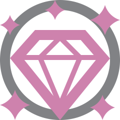 A pink icon of a sparkling diamond inside a grey circle