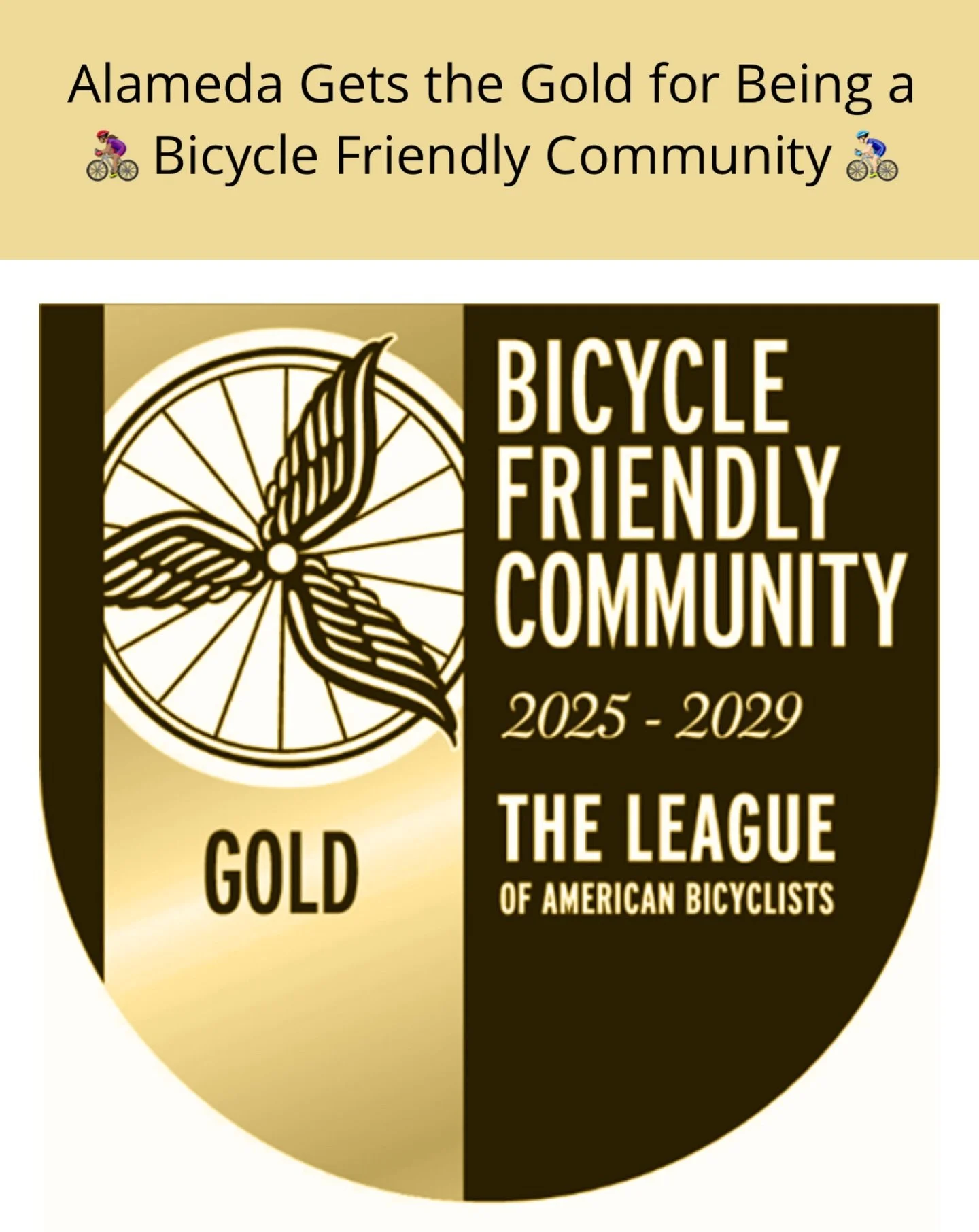 🚴🏾&zwj;♂️🚴🏻&zwj;♀️🚴🏽The City of Alameda recently received the League of American Bicyclists&rsquo; Gold-level Bicycle Friendly Community (BFC) Award for our efforts to build better places for people to bike &mdash; a distinction held by only 32