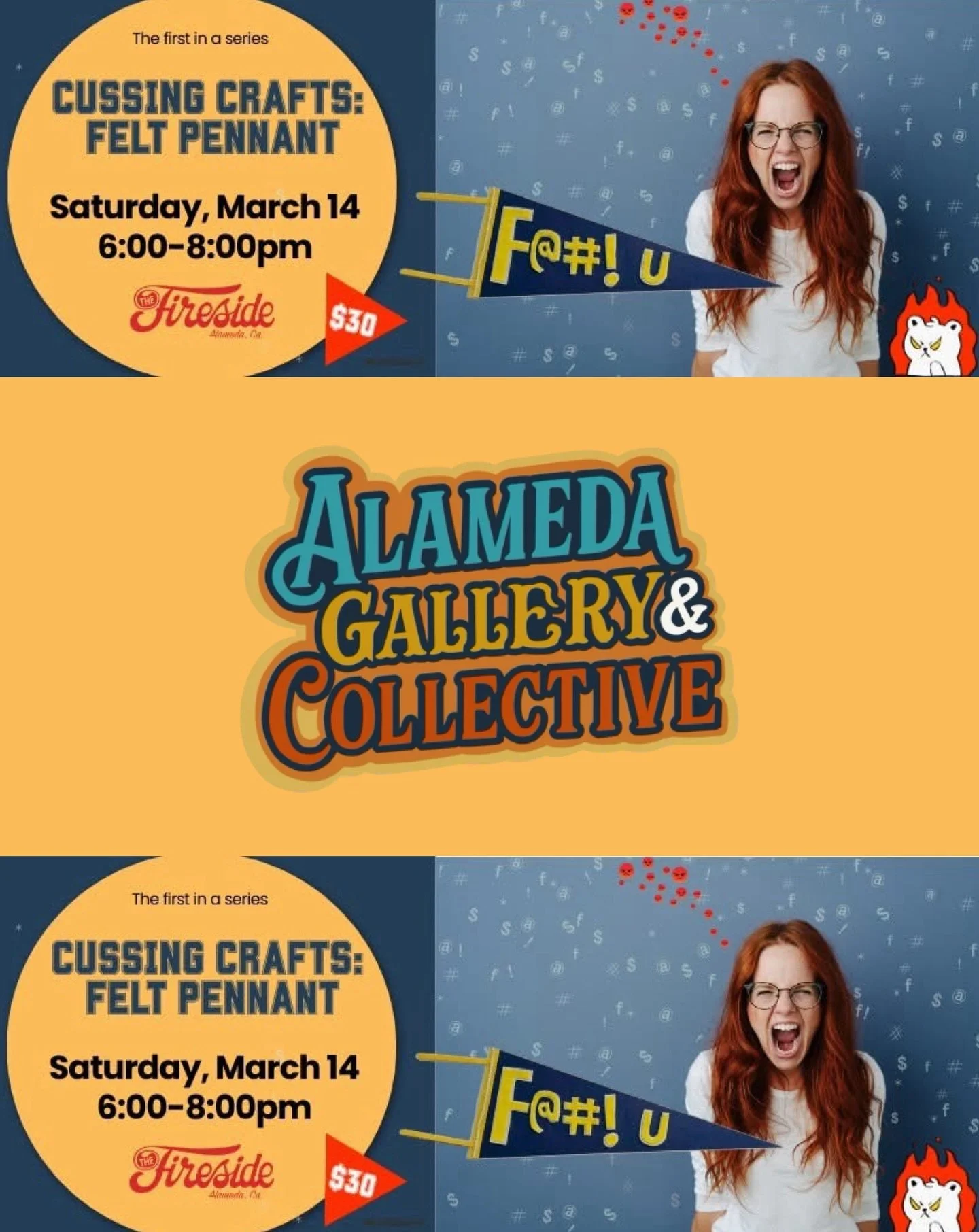 ✨ We&rsquo;re all pissed. Channel that anger into a meaningful craft project with a group of also-pissed people. In this workshop, we will choose our favorite cuss words and create a colorful, full-sized felt pennant with your word emblazoned on it t