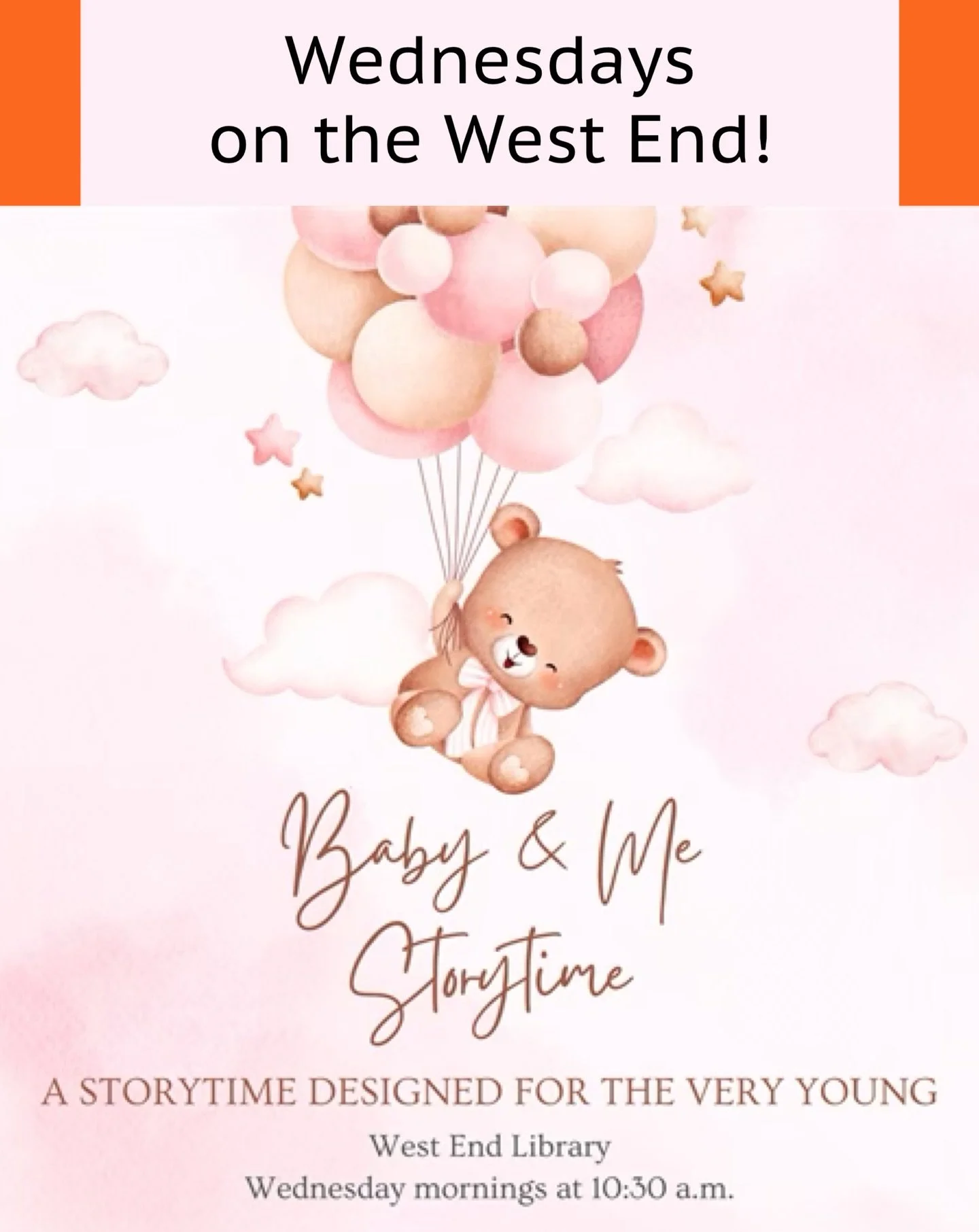 Join us Wednesdays on the West End for Baby and Me Storytime!

This FREE lap-sit program for little ones and their caregivers includes songs, nursery rhymes, knee-bounces, and movement to help develop important pre-literacy skills. 

This class is ap