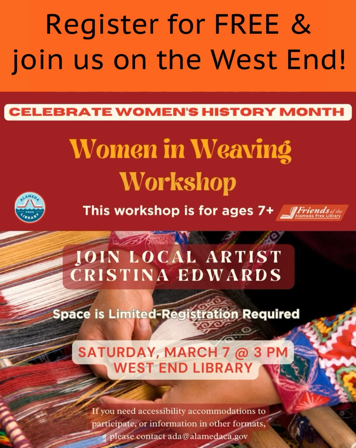 In honor of Women&rsquo;s History month the West End Library will be having a FREE Women in Weaving workshop. 

This workshop will be presented by local artist Cristina Edwards on Saturday, March 7 at 3 pm. 

This is an intergenerational workshop and