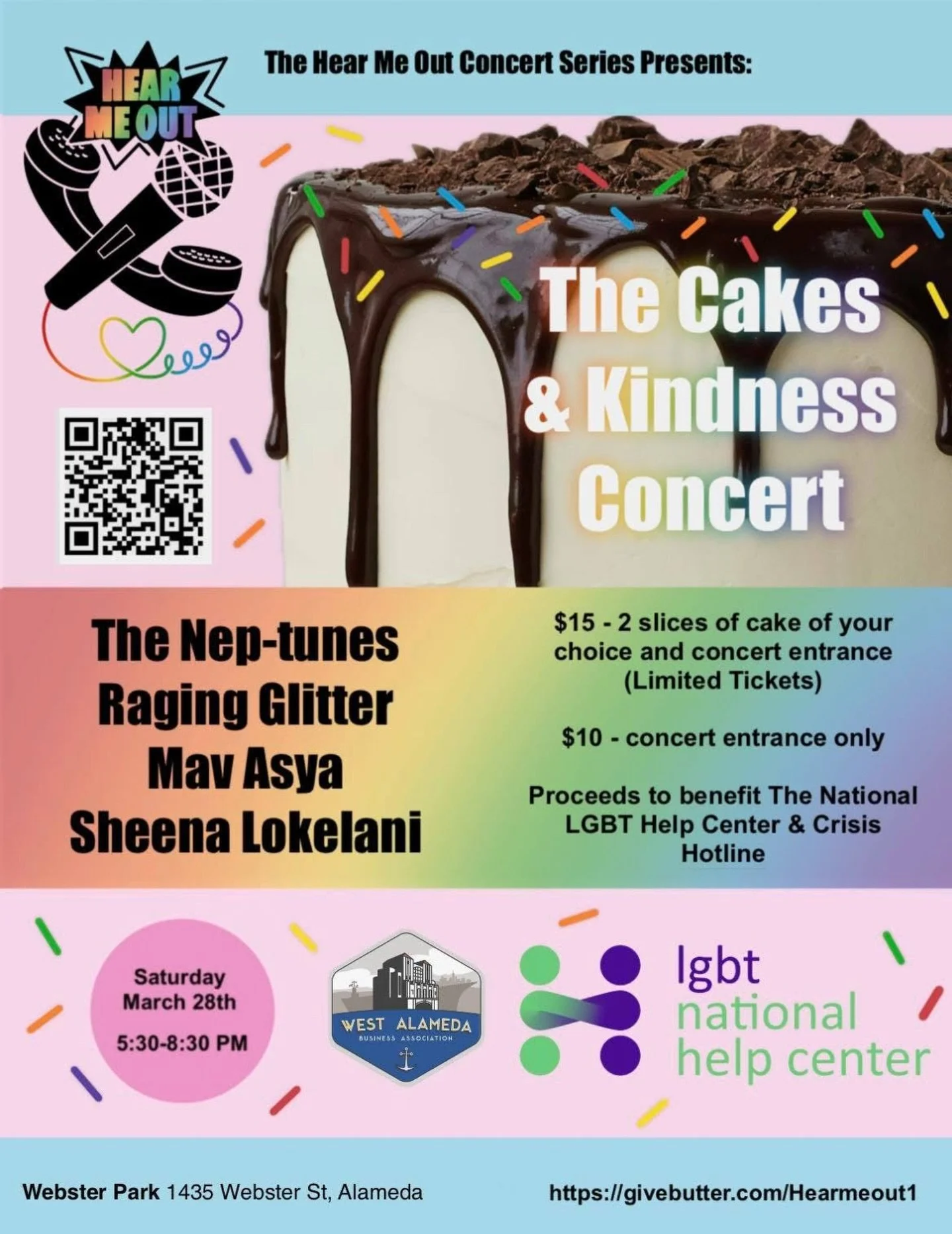 Join us at Webster Park on Saturday, March 28th for 

Hear Me Out - Benefit Concert!

The &ldquo;Cakes &amp; Kindness&rdquo; Concert is the first in a series of five themed concerts.

Join us for an evening of music and cake! 

Featuring the talents 