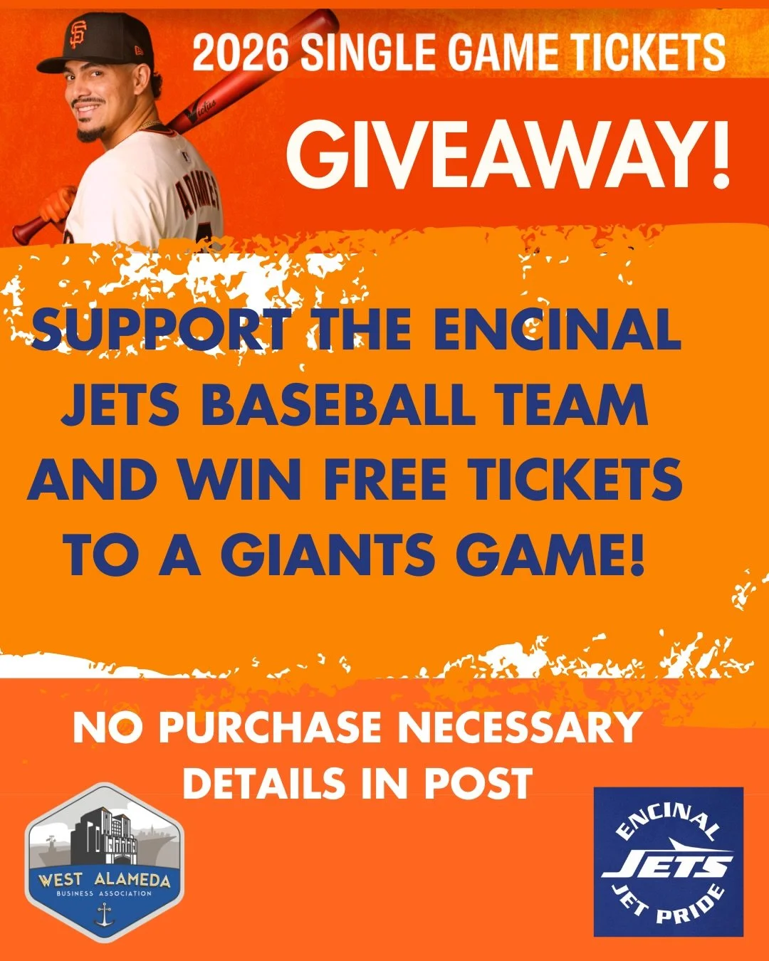 ⚾️Giants Tickets Giveaway!⚾️

The West Alameda Business Association is giving away a pair of San Francisco Giants tickets to any game on the list below. 🎟️🎟️

Why are we doing this?

Because Encinal High School&rsquo;s Varsity Baseball team will ta