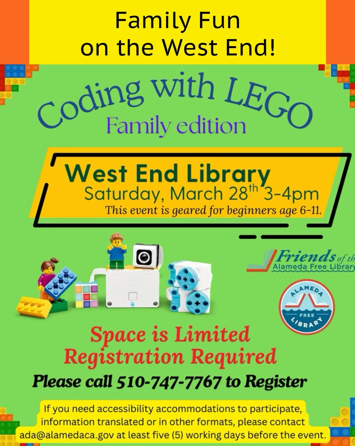 FREE Coding with LEGO comes back to the West End Library! 

Families, join us at the West End Library on Saturday, March 28th, 3-4 pm. 

Each family or small group will build and use block-based coding to create a fantastic LEGO project. 

This event