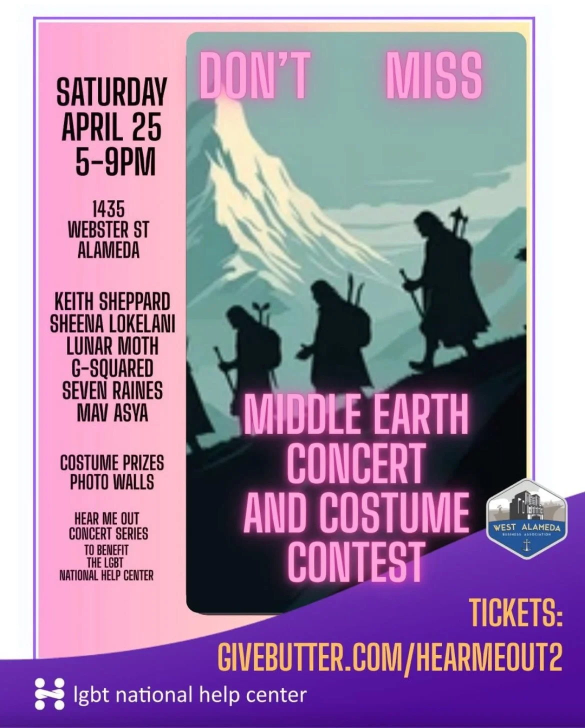 Don&rsquo;t Miss - The Middle Earth Concert and Costume Contest!

Saturday, April 25th 5pm - 9pm 

HEAR ME OUT - Benefit concert

Featuring the talents of:

-Keith Sheppard @keith_sheppard_music 
-Sheena Lokelani @sheena.lokelani.music 
-Lunar Moth @