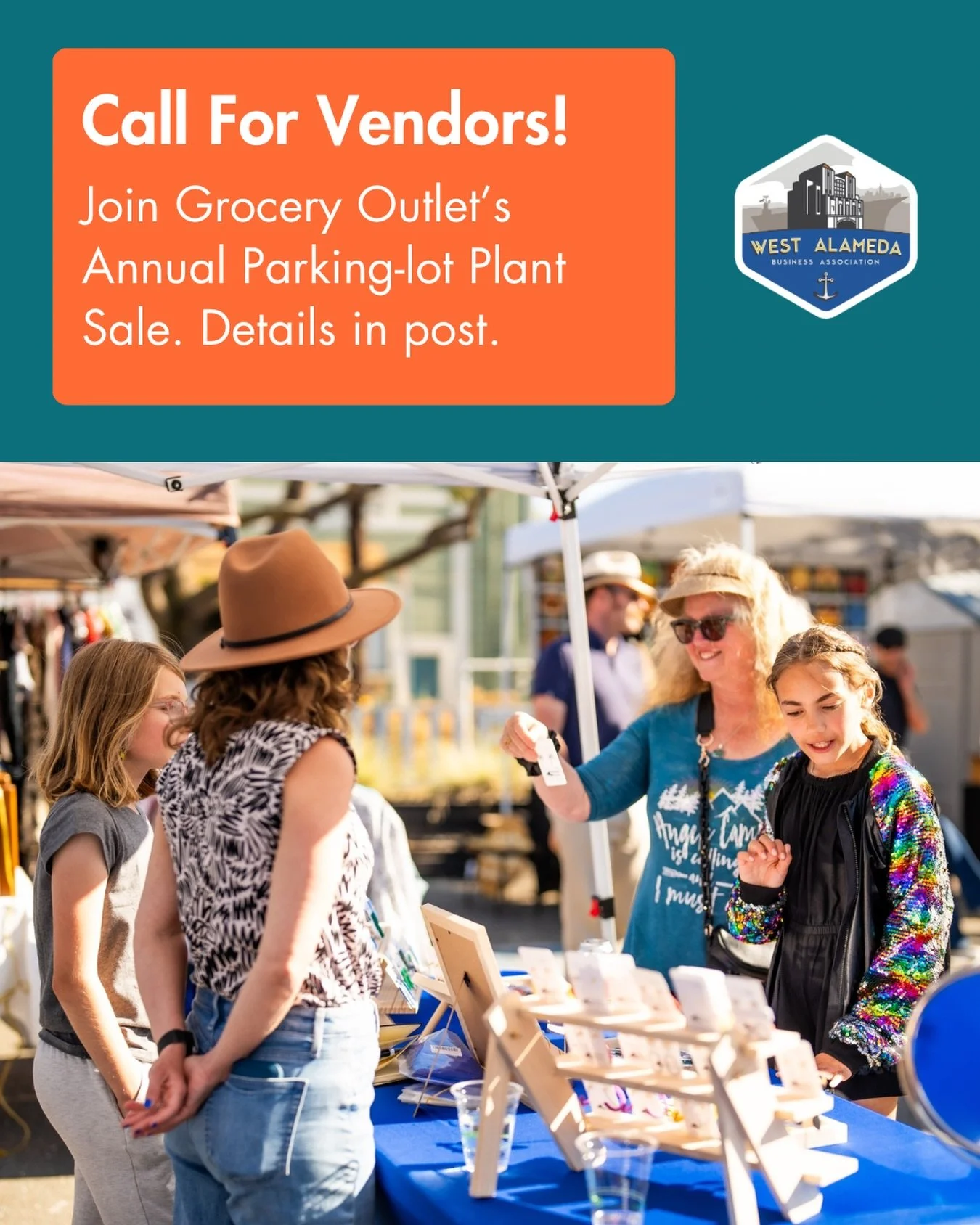 West Alameda&rsquo;s Grocery Outlet is seeking local vendors for their Annual Parking Lot Flower &amp; Plant Sale - happening on Saturday, May 9th!

Just like every year, local vendors are invited to join the party, and the best part...

FREE tent sp