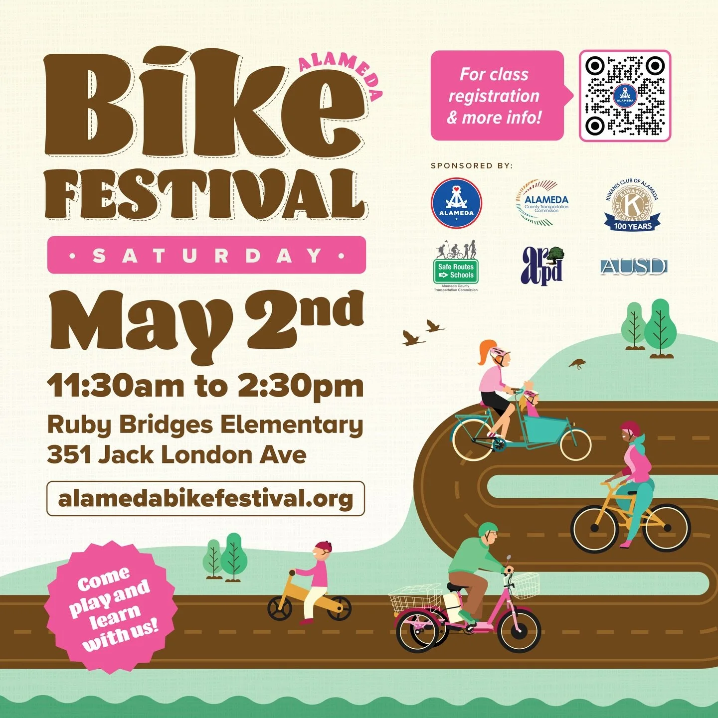 🚴🏽&zwj;♂️⚡️2 Events - 1 Location!

Alameda Bike Festival &amp; Home Electrification Fair are 

Saturday May 2nd 11:30am to 2:30pm at 

Ruby Bridges Elementary
351 Jack London Avenue, Alameda, CA. 

Both of these events are FREE but you MUST pre-reg
