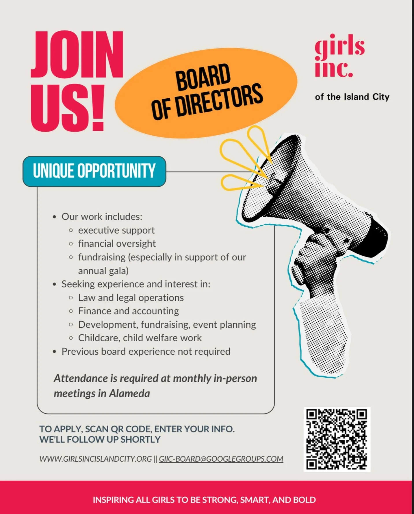 Unique Opportunity from @girlsinc.islandcity 

Girls Inc of the Island City
Board of Directors Job Description
Mission: 

Girls Inc. of the Island City has been serving children and families in the city of Alameda since 1964. 

Our mission is to insp