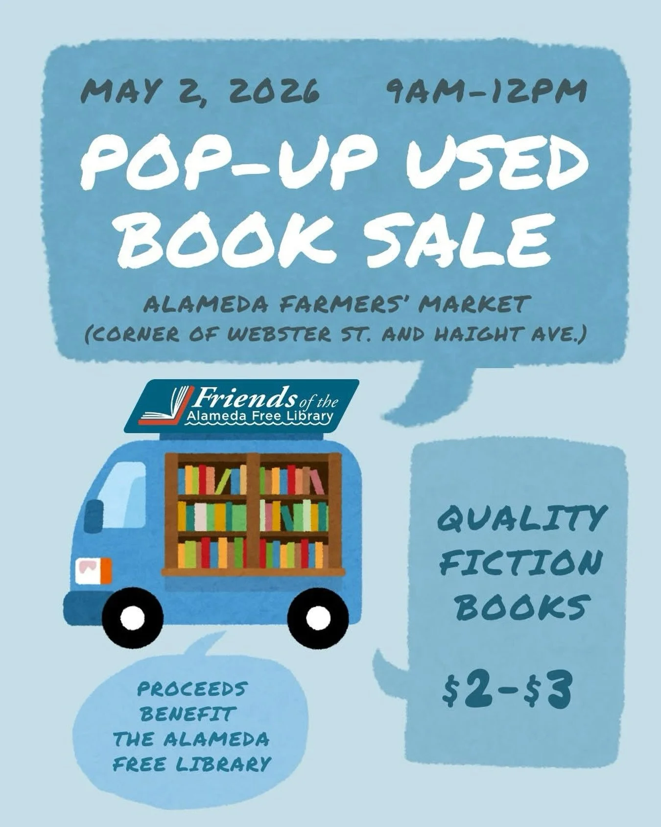 Friends of the Alameda Free Library 📚✨ Pop-Up Used Book Sale at the Alameda Farmers&rsquo; Market! ✨📚

Saturday May 2nd, 9am to 12pm - come browse our curated collection of quality fiction reads&mdash;all for just $2 to $3. 

All proceeds benefit t
