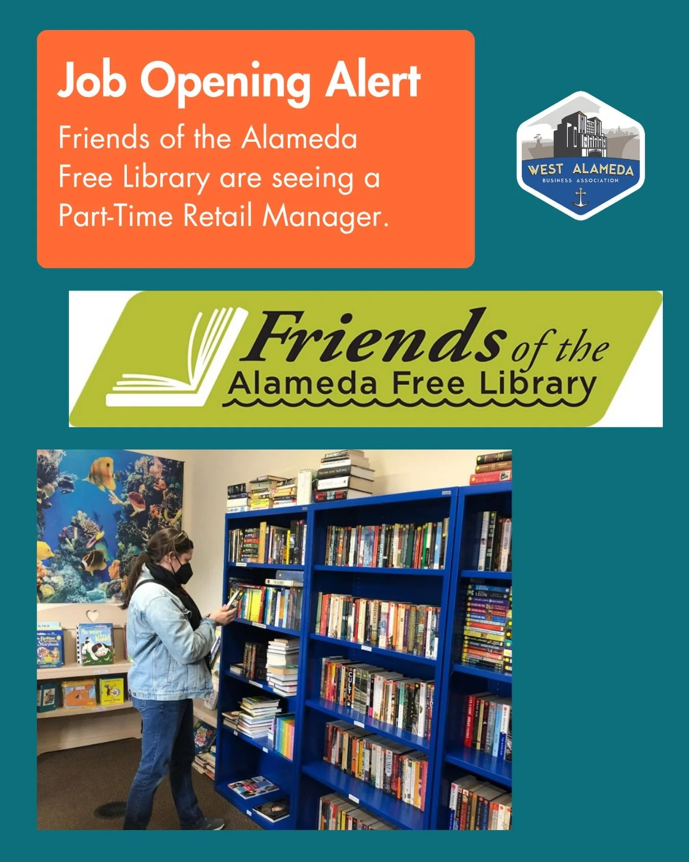 Friends of Alameda Free Library (FAL) @friendsofthealamedafreelibrary 
is seeking an experienced, community-minded part-time employee to serve as the Retail Manager for Books For Friends (BFF), the used bookshop located inside the Alameda Free Librar