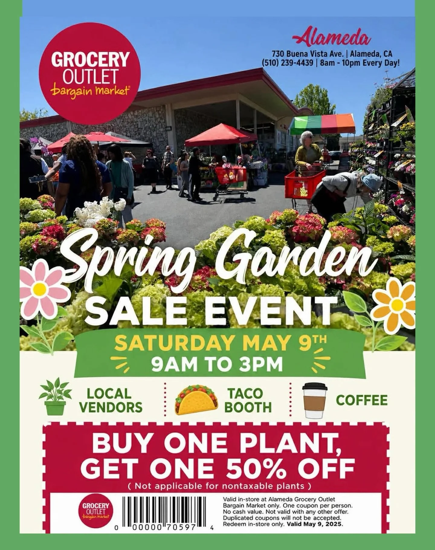 Saturday, May 9th from 9am to 3pm - 
Head to Grocery Outlet 
730 Buena Vista Avenue, Alameda, CA for the Annual Spring Garden Sale! 

Find great prices on plants and flowers plus local food and artisan vendors. 

See you there! 

@westalamedabusiness
