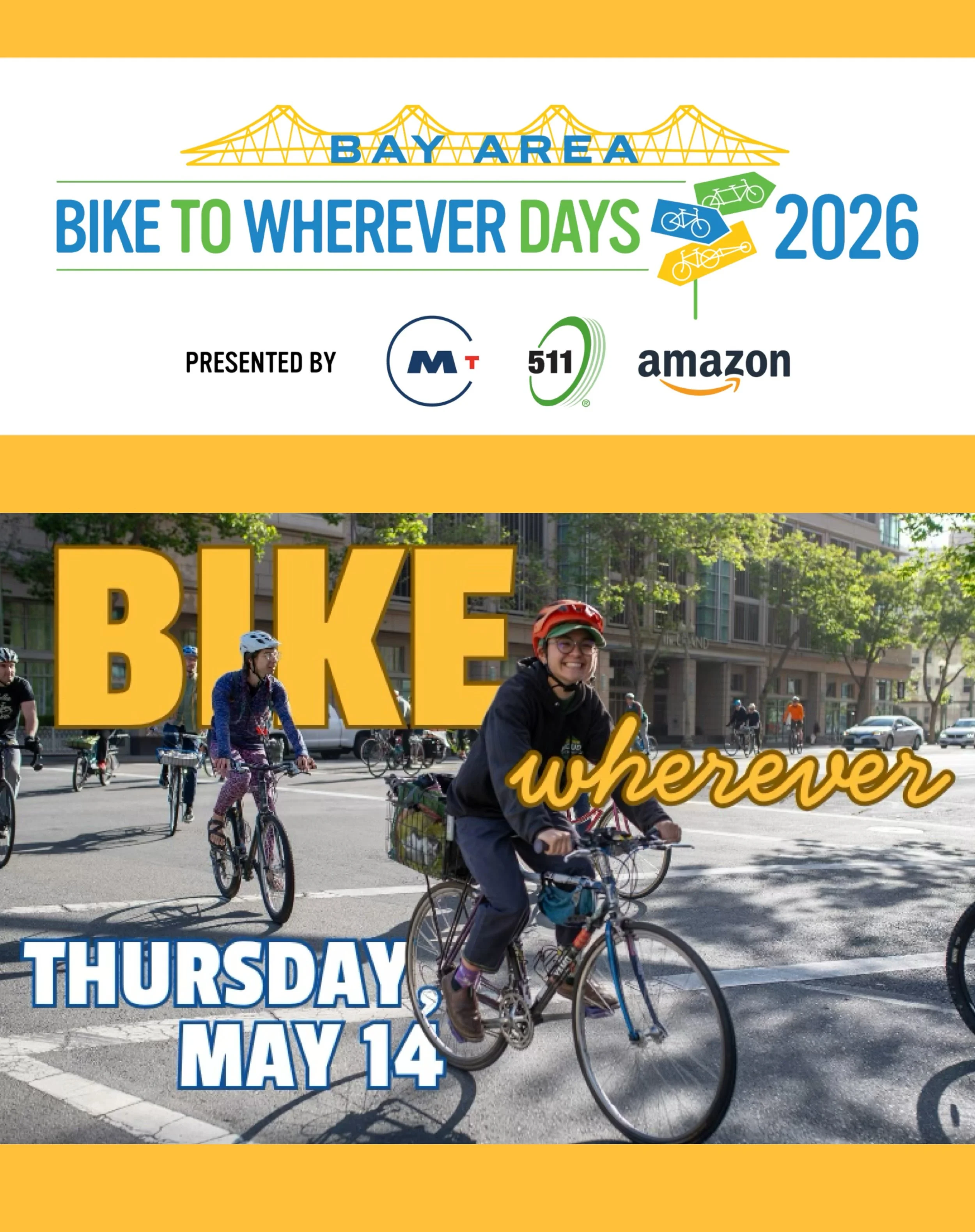 Thursday, May 14th! 🚴&zwj;♂️🚴🏾&zwj;♀️🚴🏻 

Pledge to ride on Bike to Wherever Day
and ride your bike to work, school, a friend&rsquo;s house, your favorite bar or restaurant, or one of Alameda&rsquo;s parks!

Swing by a community Energizer Statio