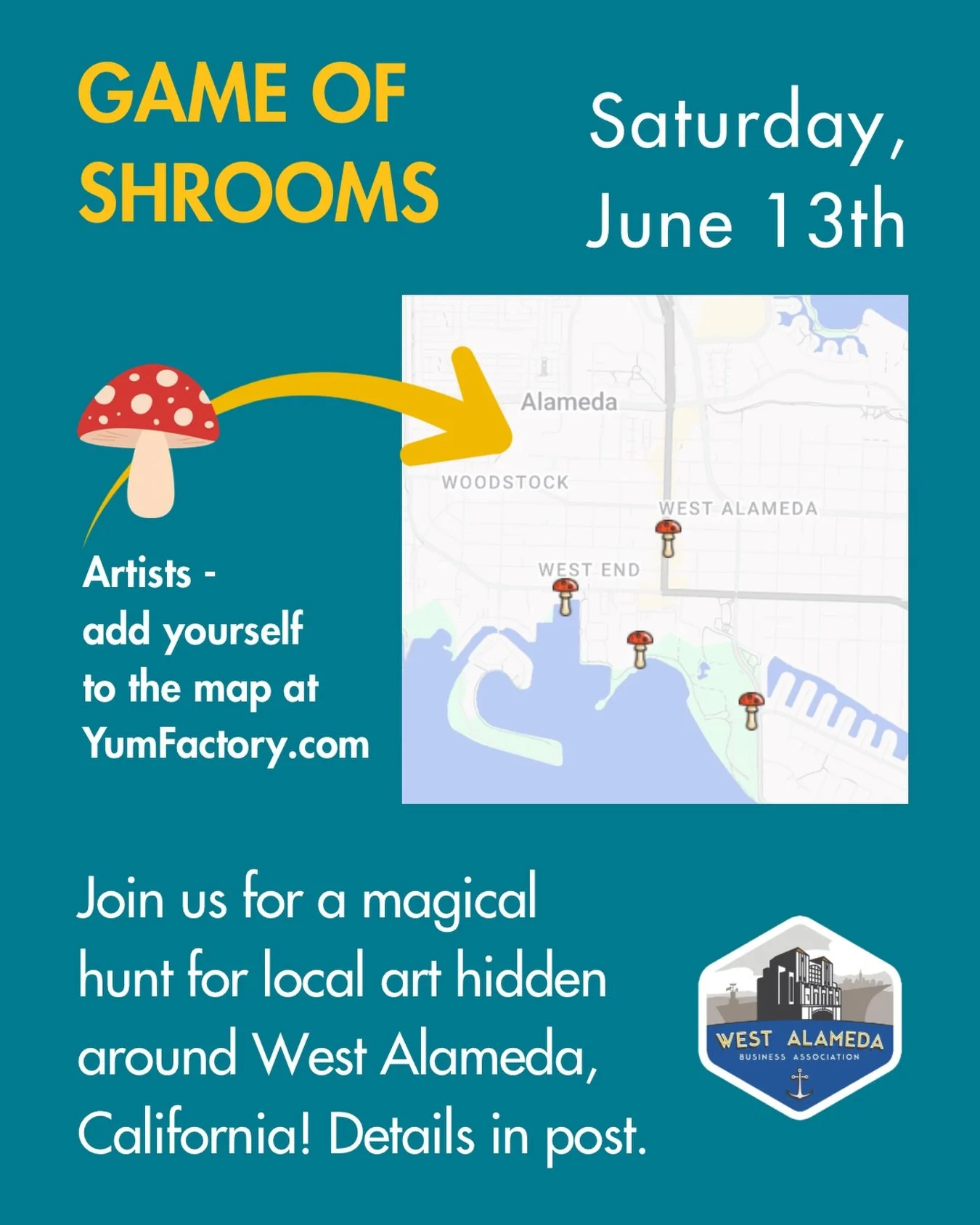 This post about @gameofshroomsofficial is for the✨participating artists✨in West Alameda, California. 

For FULL details about this Art &amp; Seek Holiday, see the pinned post at @westalamedabusiness 🍄🍄🍄

We are excited to designate West Alameda, C
